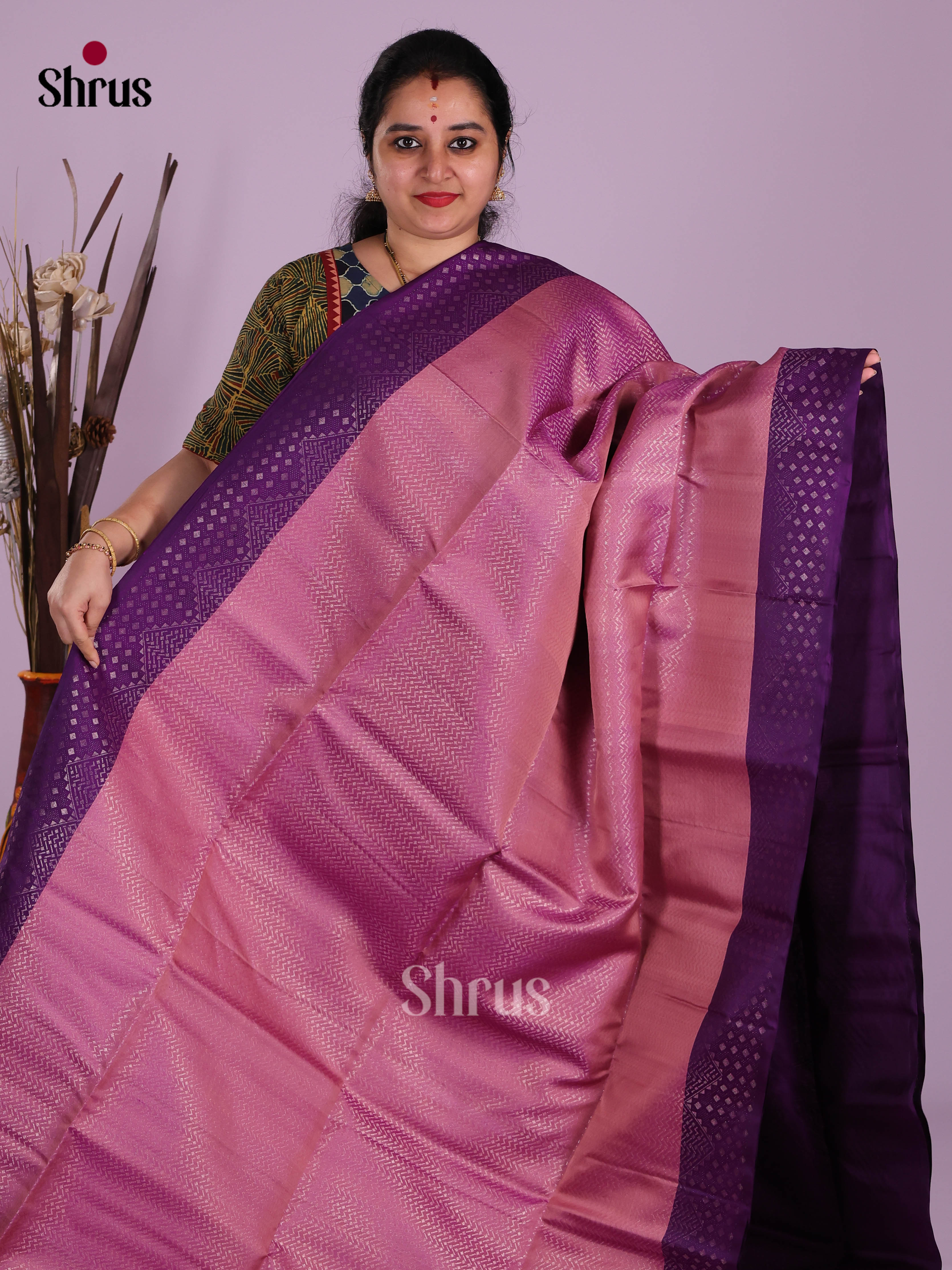 Charming Pastel Pink & Violet Soft Silk Saree With Zari Brocade & Rich Violet Pallu