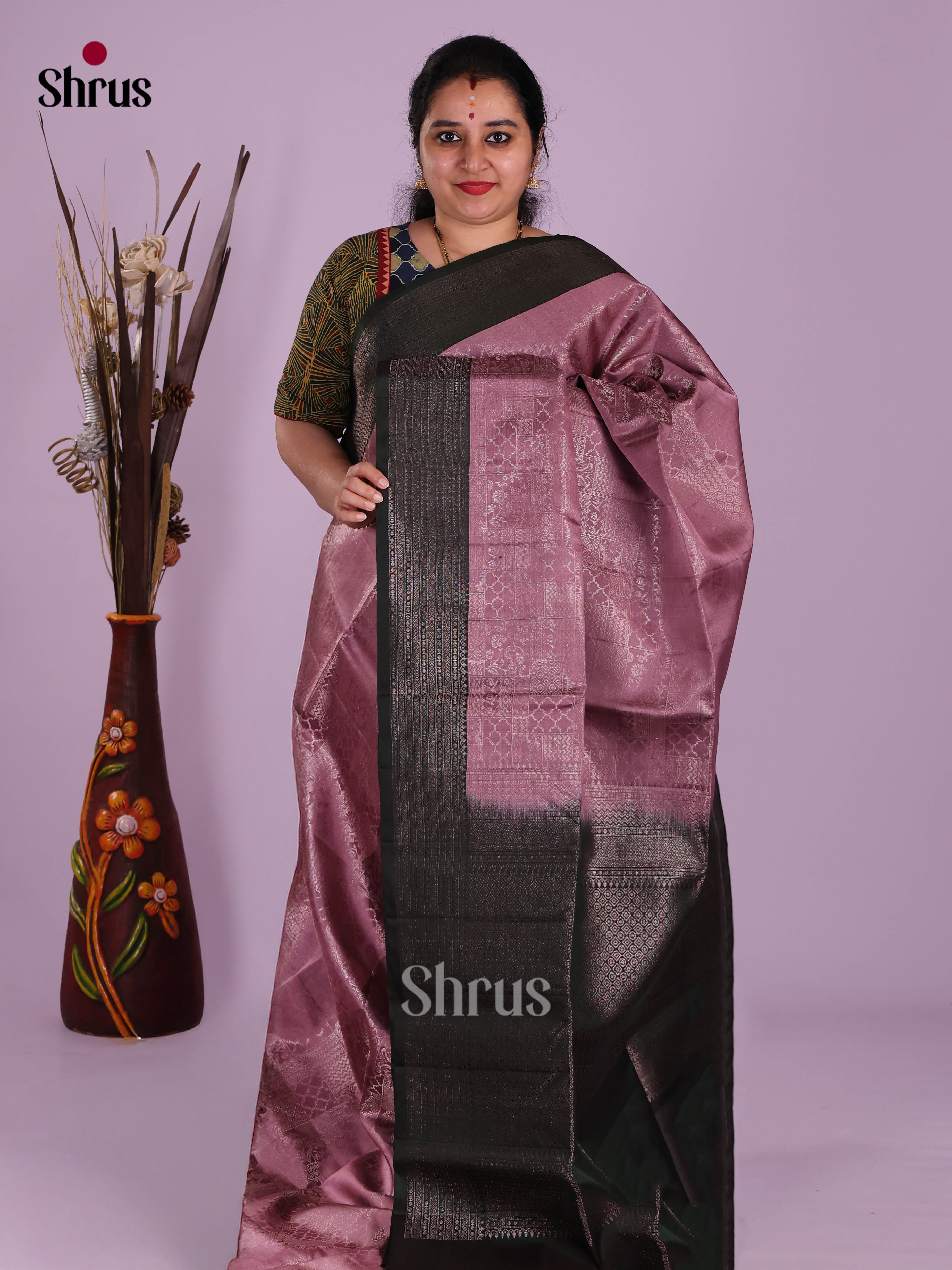 Vivacious Onion Pink Soft Silk Saree with Zari Floral Brocade & Rich Black Pallu