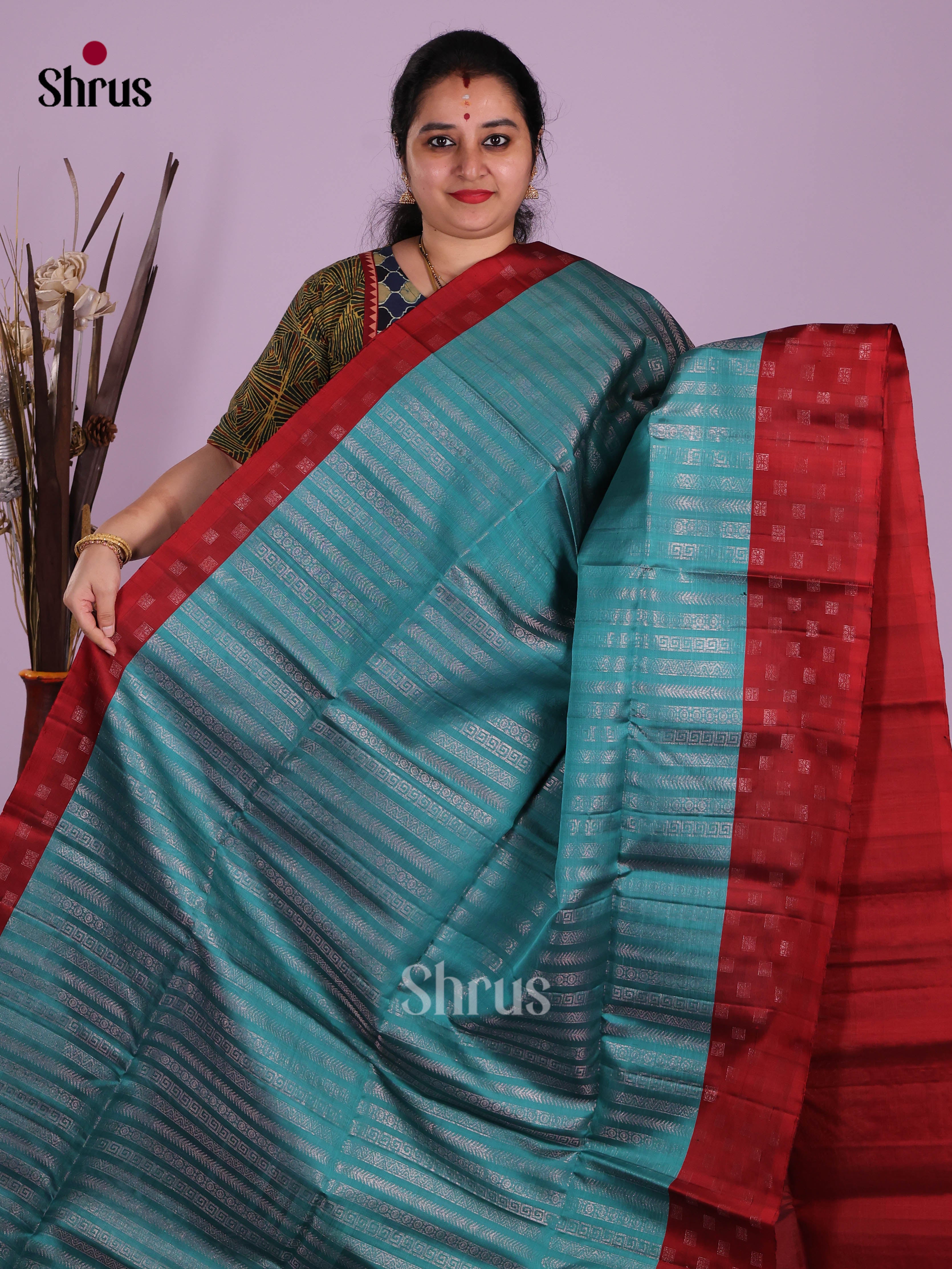 Radiant Ramar Blue & Maroon Soft Silk Saree with zari stripe & Contrast border