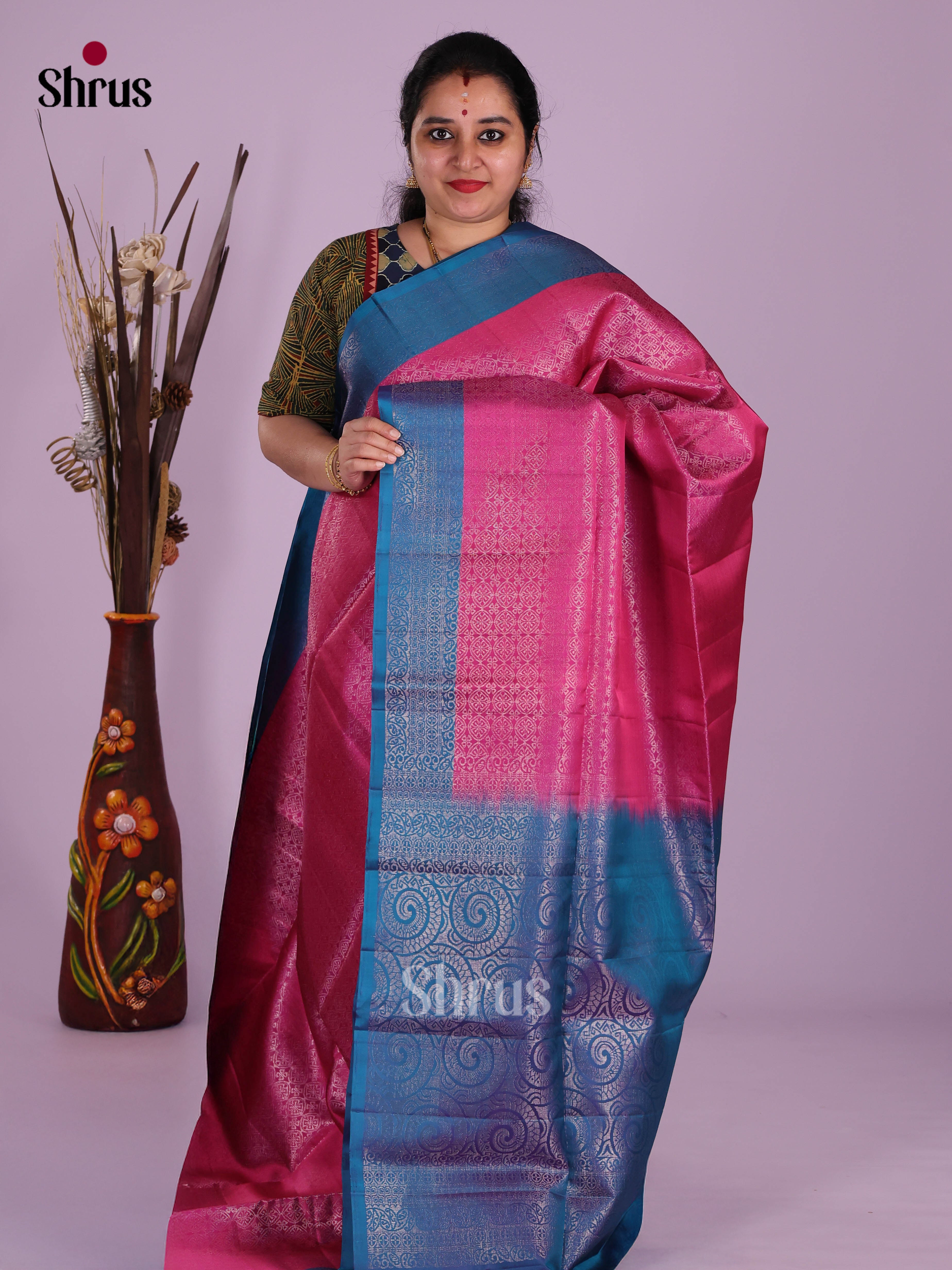Charming Pink & Blue Soft Silk Saree With Floral Nestling Brocade & Contrast Border