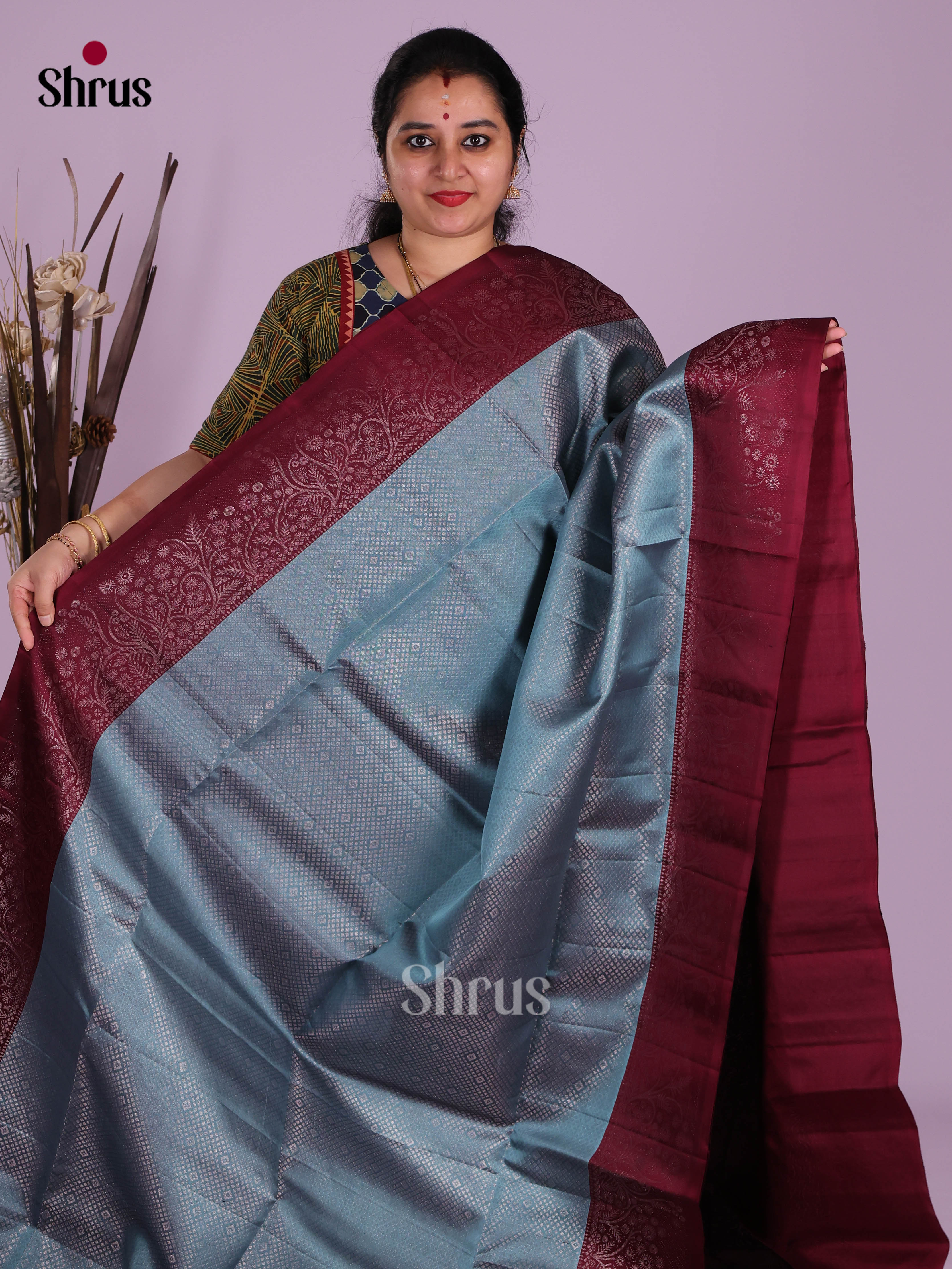 Elegant Blue & Maroon Soft Silk Saree with zari brocade & floral nestling border