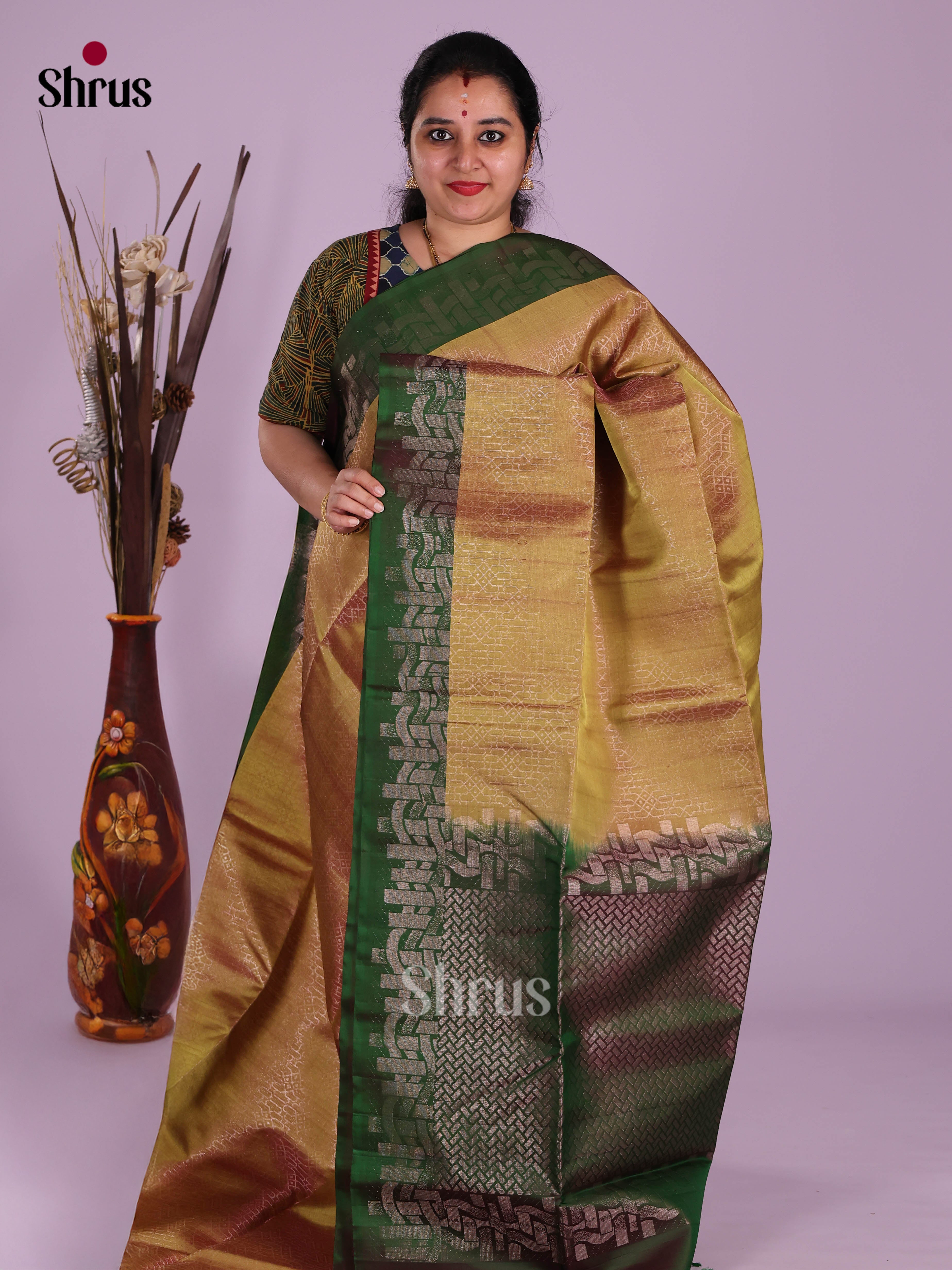 Lustrous Mustardy Green & green Soft Silk Saree with zari brocade & brocade pallu