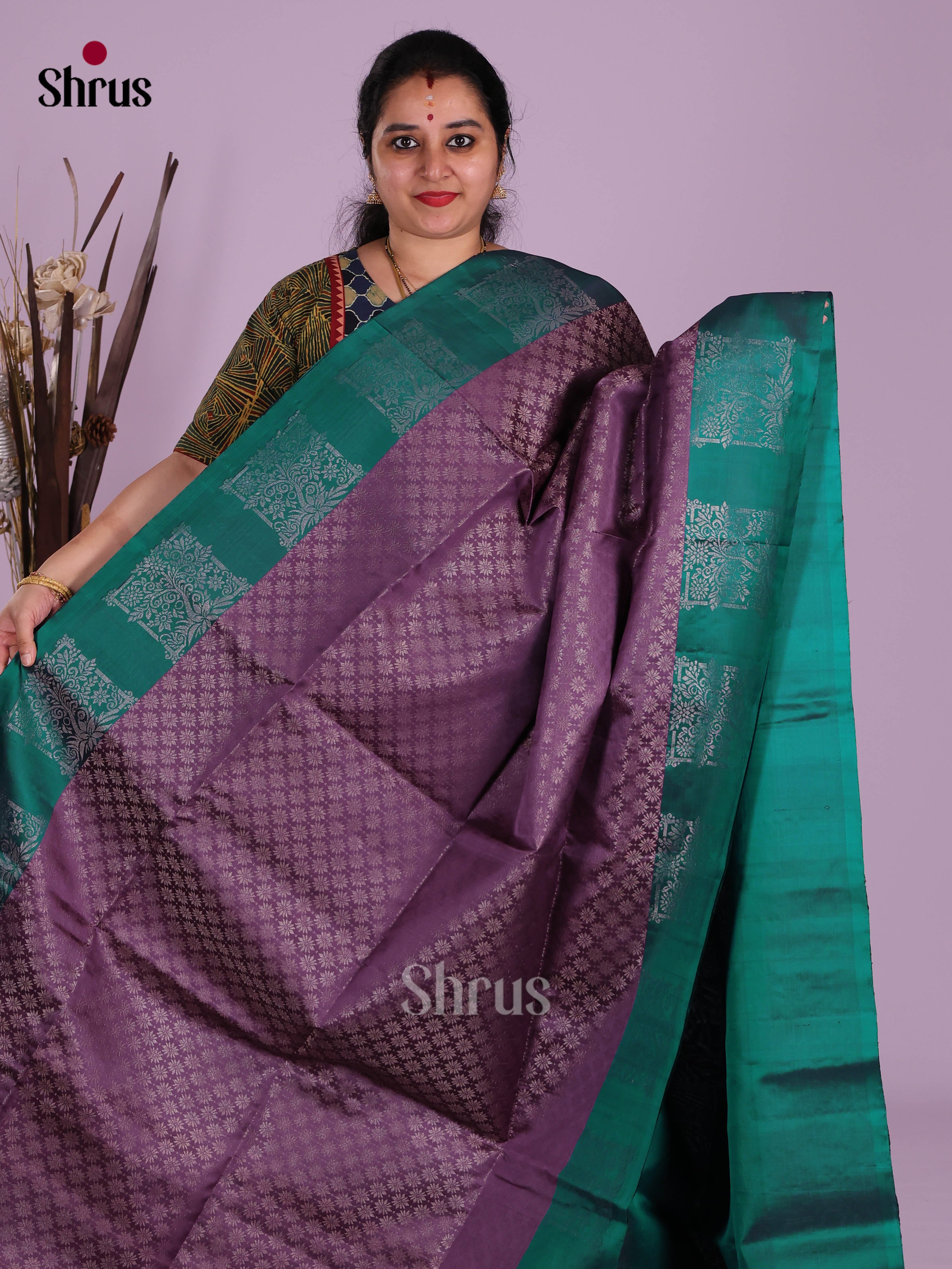 Majestic Violet & Green Soft Silk Saree with zari floral brocade & block motifs border