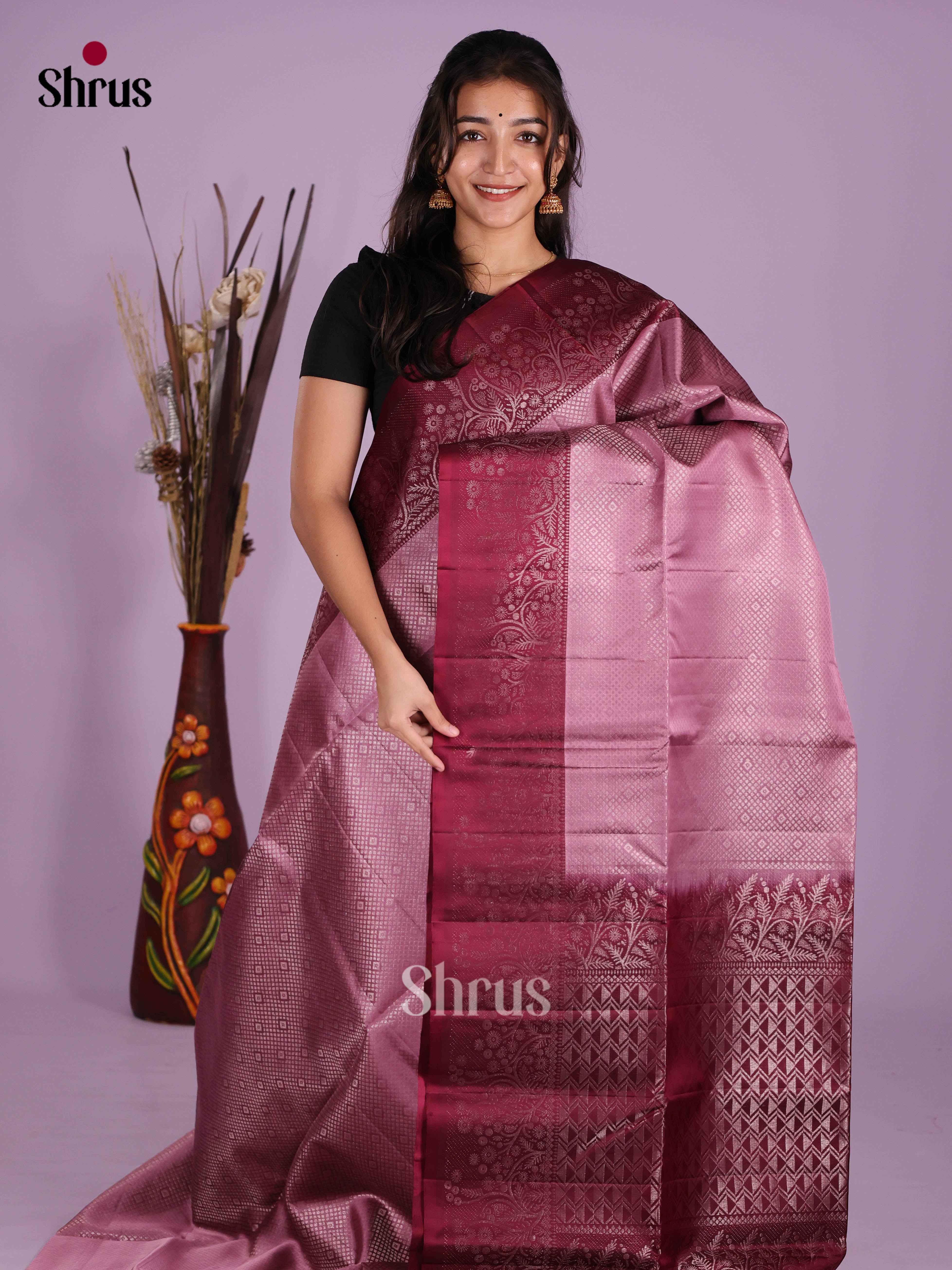 Graceful Purple Soft Silk Saree with zari brocade & Maroon border