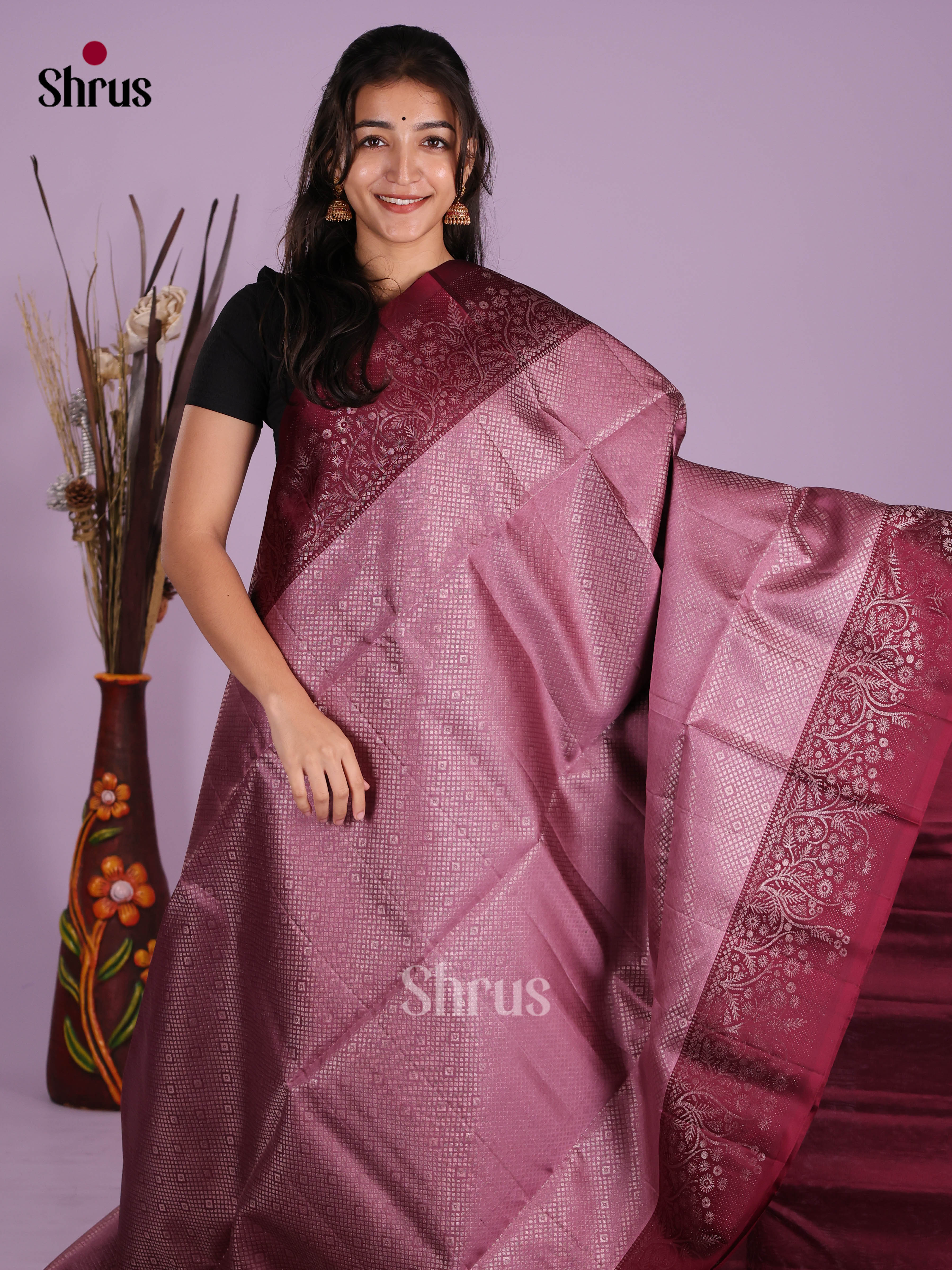 Graceful Purple Soft Silk Saree with zari brocade & Maroon border