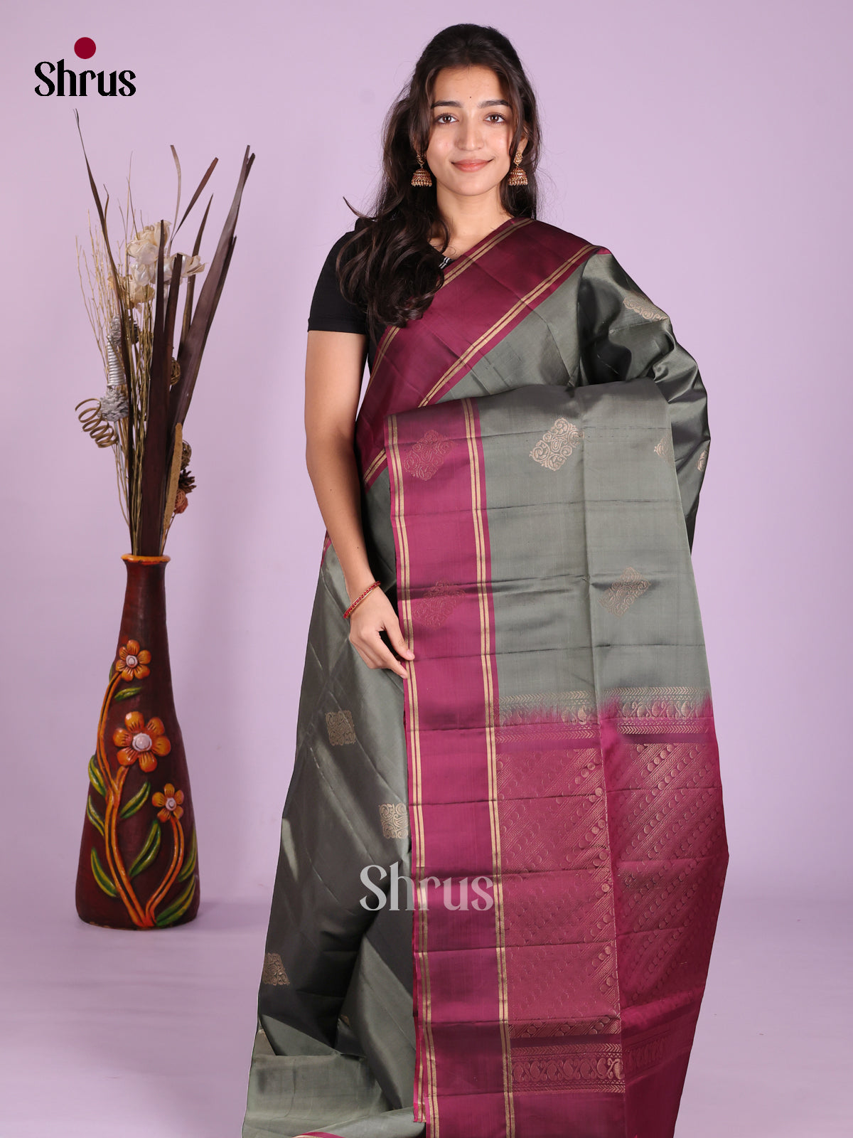 Grey & Maroon - Softsilk-halfpure Saree