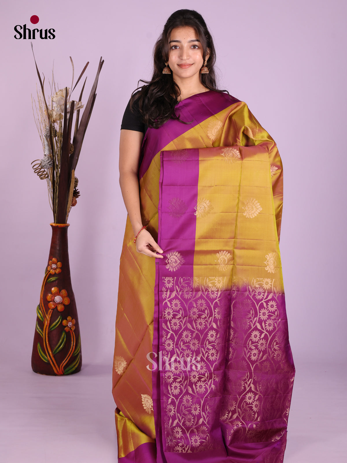 Mustard & Purple - Softsilk-halfpure Saree - Shop on Shrus.com