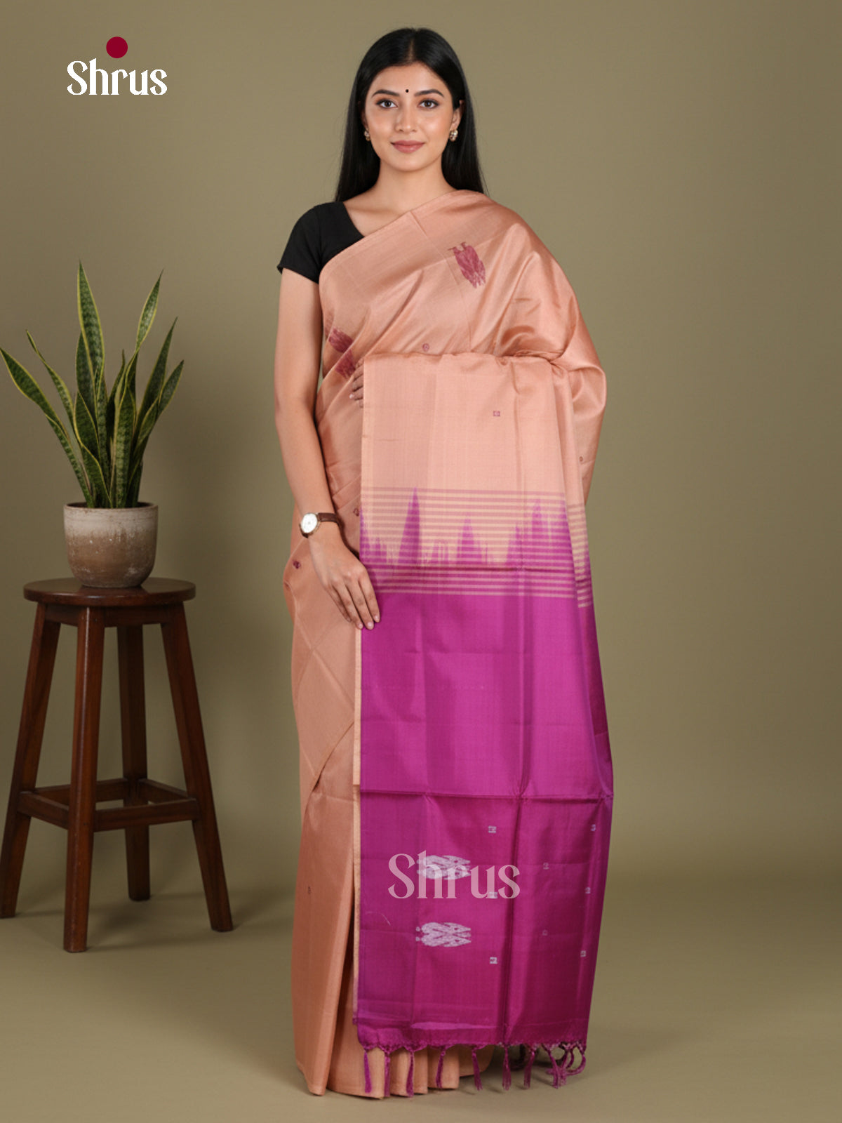 Dusty Brown & Purple - Banana Pith without blouse Saree
