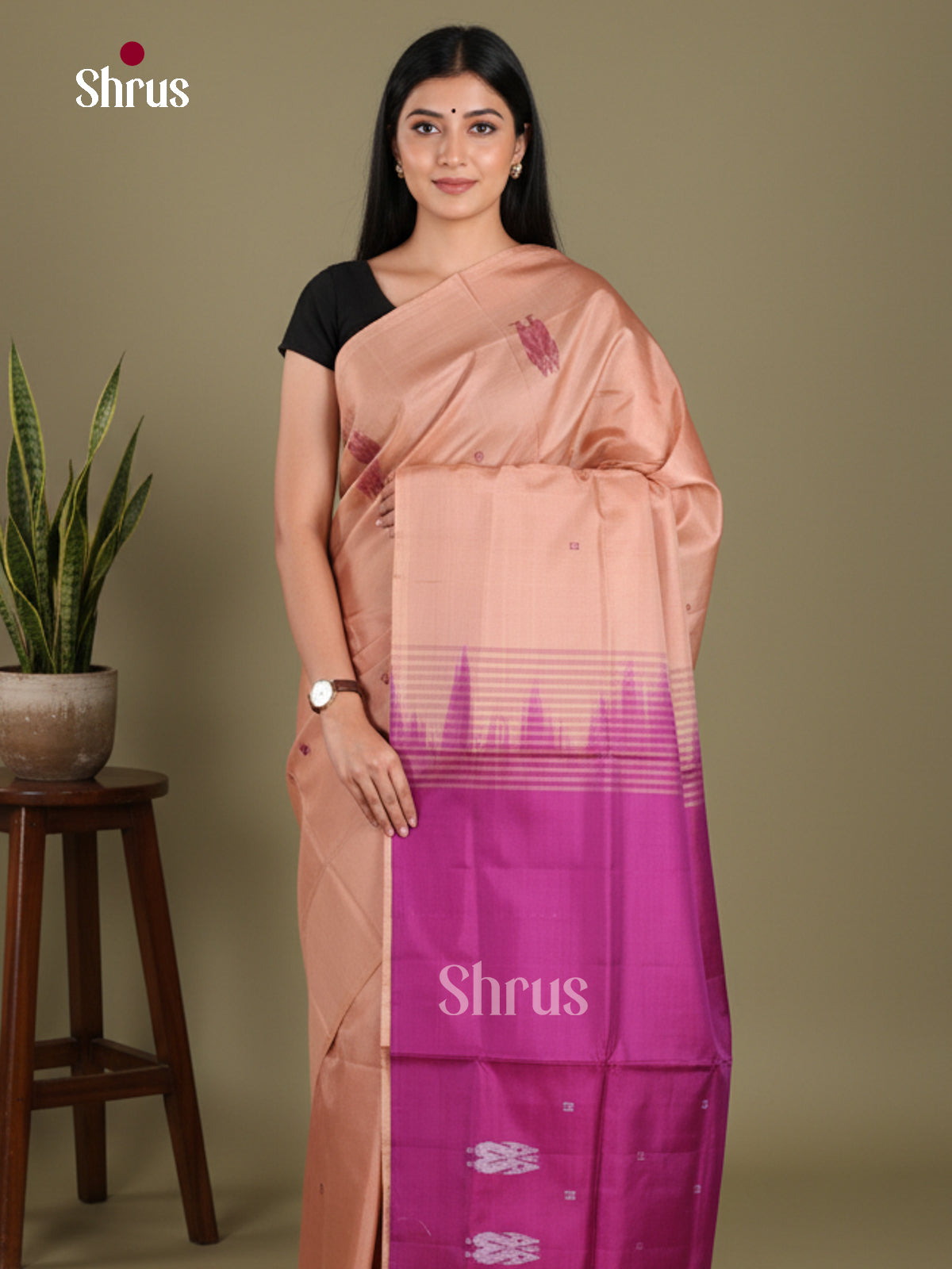 Dusty Brown & Purple - Banana Pith without blouse Saree