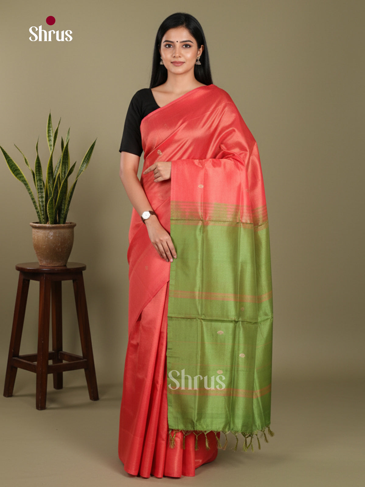 Orange & Green - Banana Pith without blouse Saree