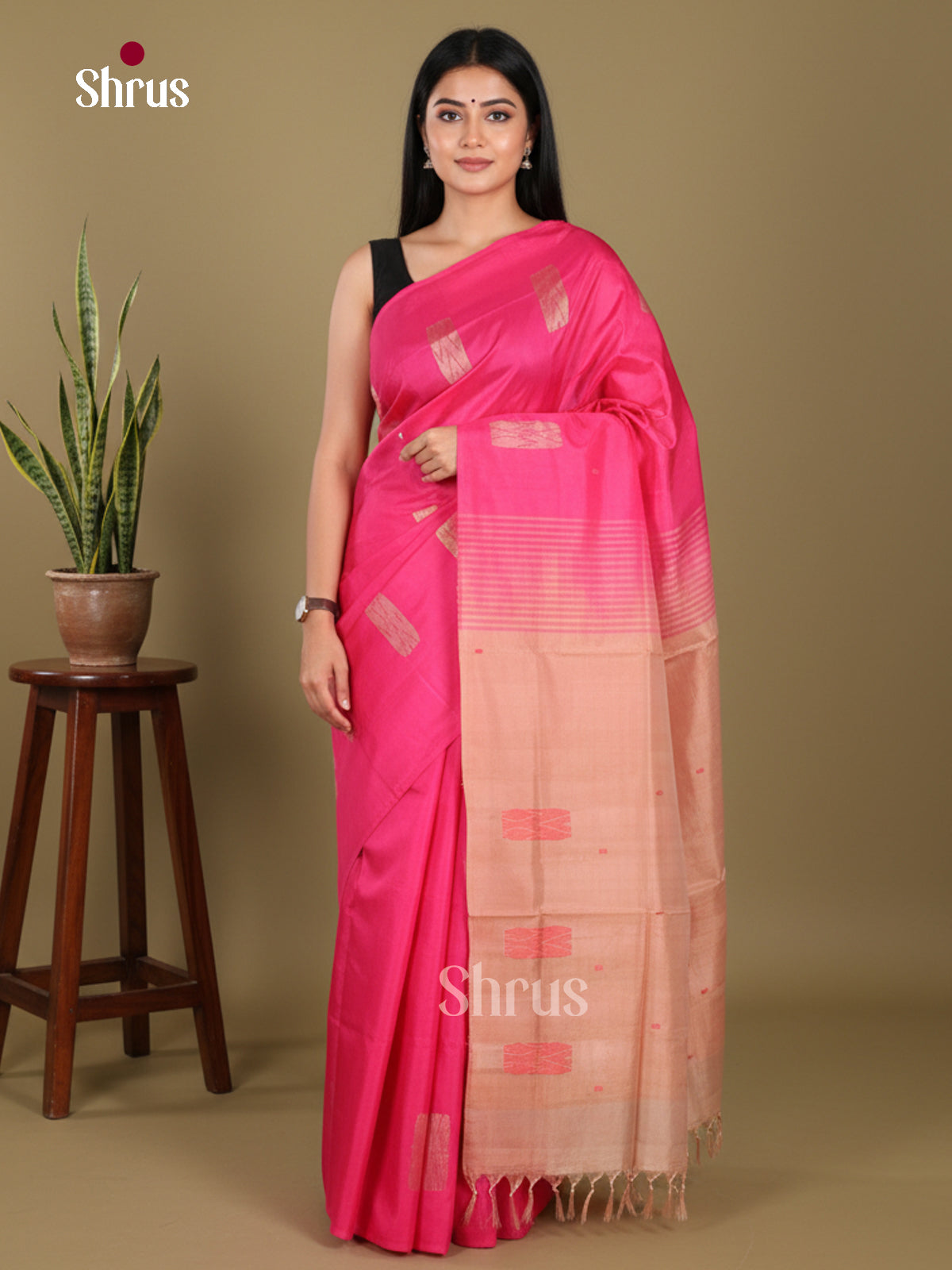 Pink & Beige- Banana Pith without blouse Saree