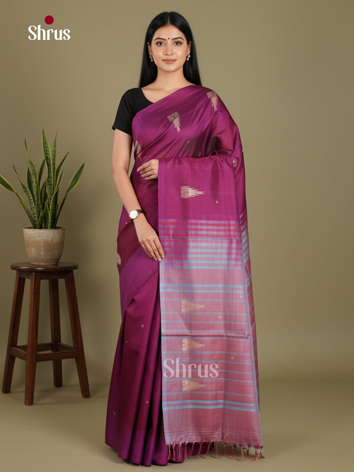 Purple & Double Shaded Blue - Banana Pith without blouse Saree - Shop on Shrus.com