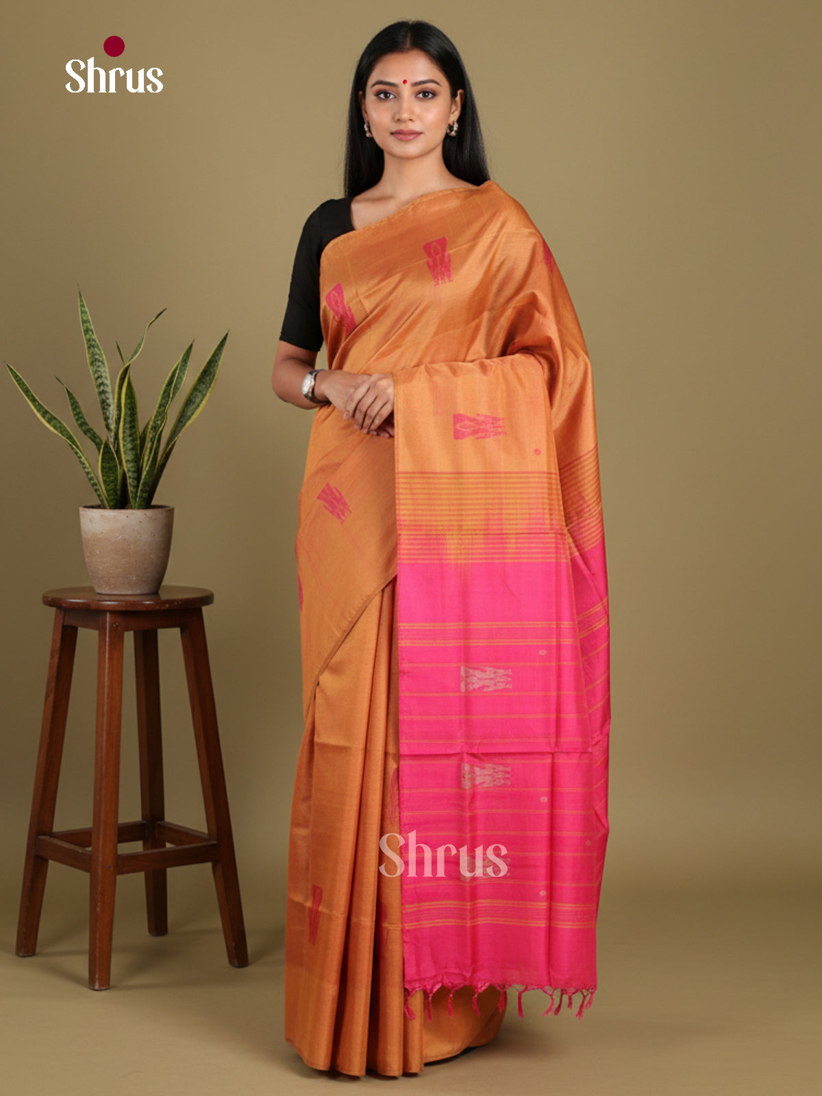 Dark Mustard & Pink- Banana Pith without blouse Saree