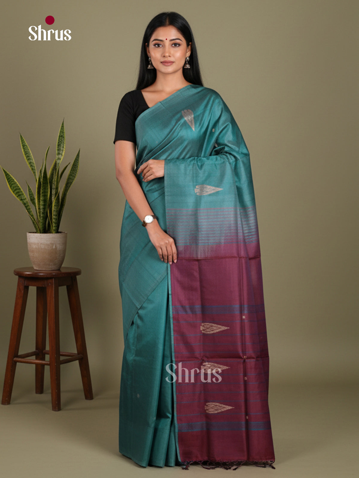 Blue & Maroon - Banana Pith without blouse Saree