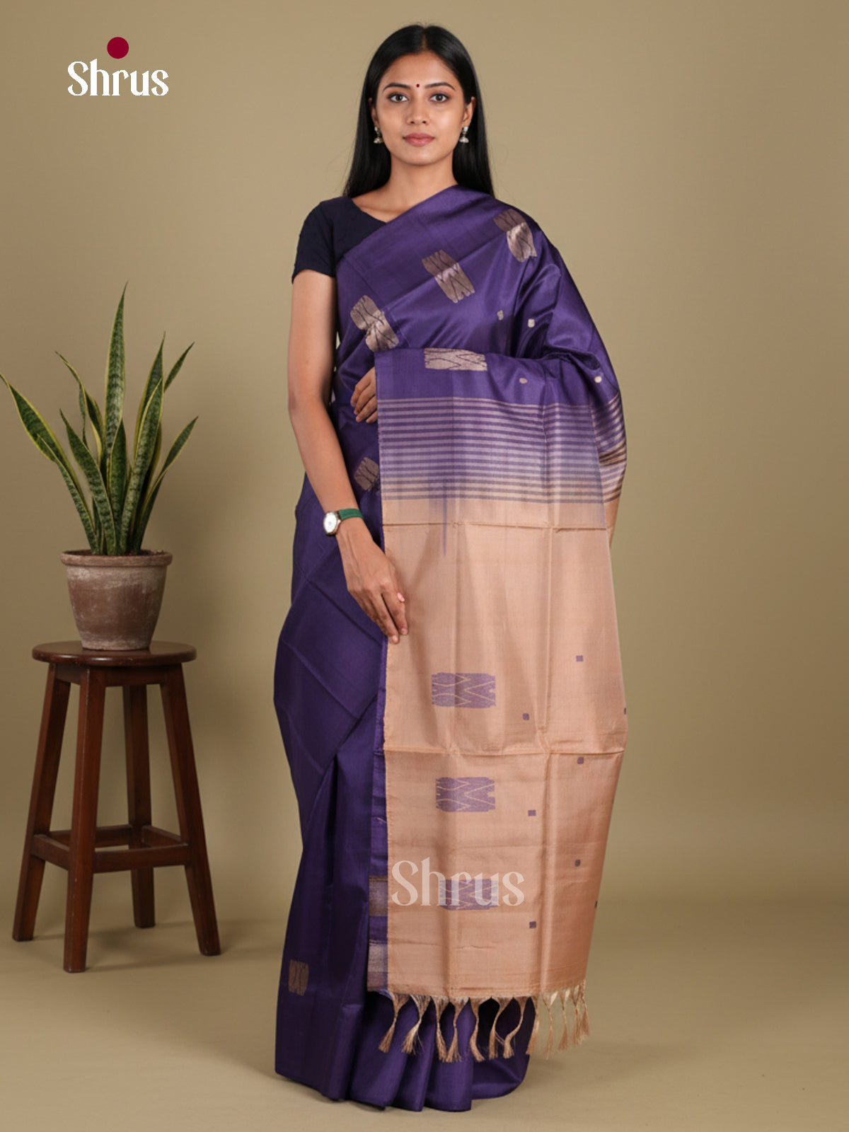 Blue & Beige - Banana Pith without blouse Saree