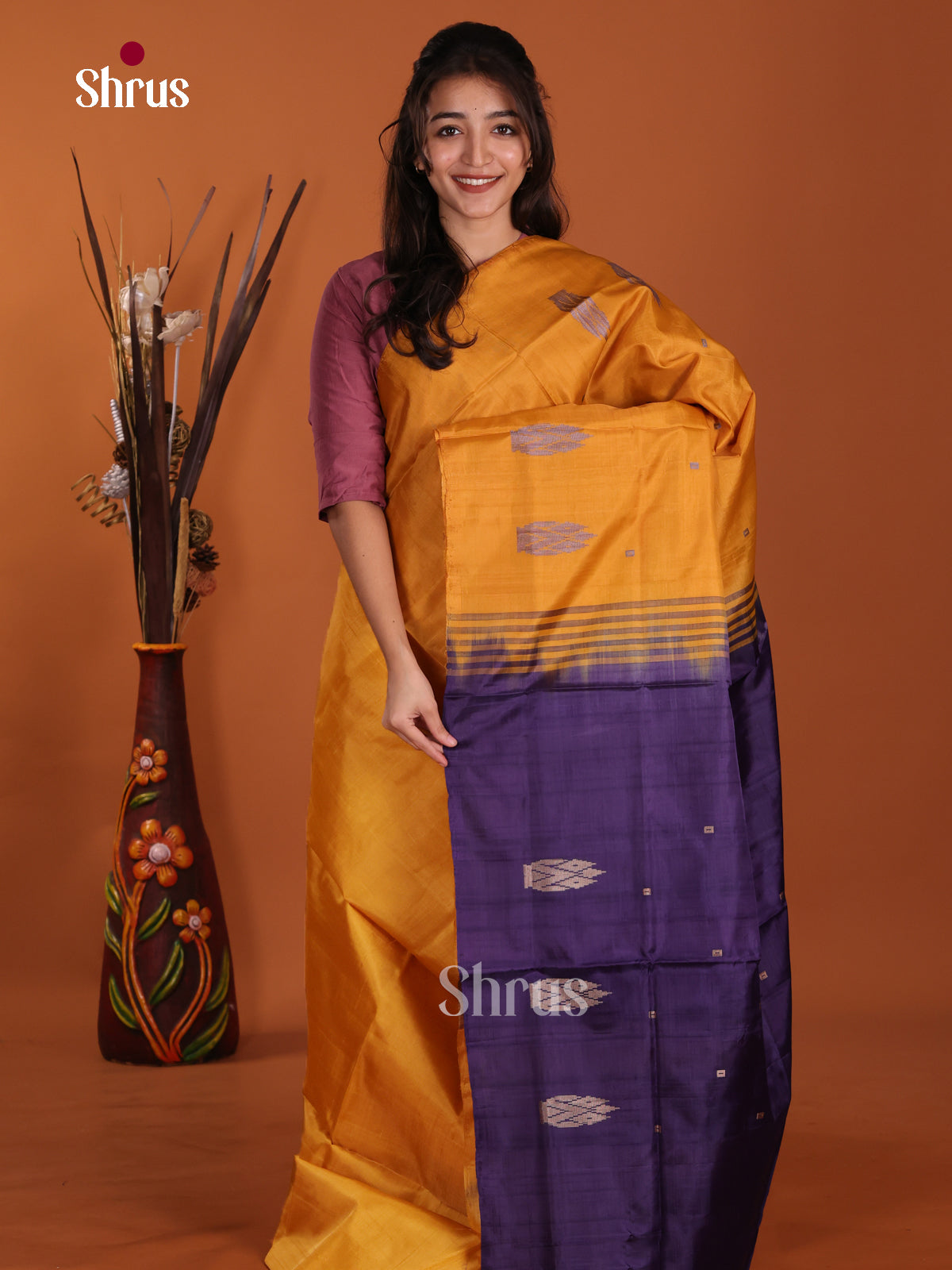 Mustard & Blue - Banana Pith without blouse Saree - Shop on Shrus.com
