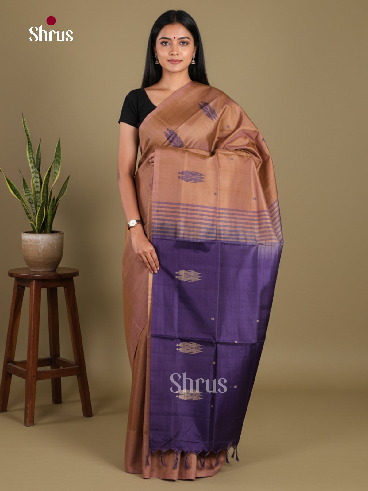 Brown & Blue - Banana Pith without blouse Saree