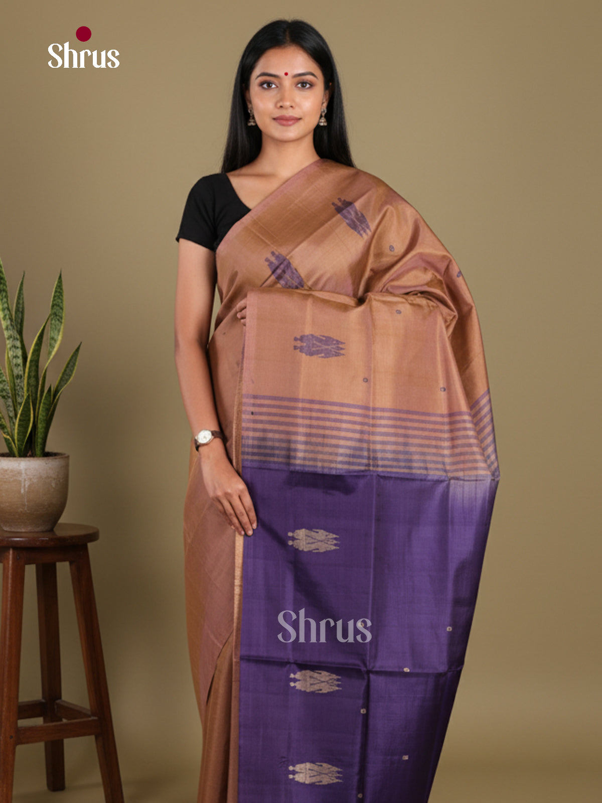 Brown & Blue - Banana Pith without blouse Saree