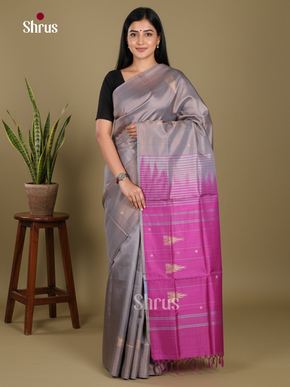 Grey & Purple - Banana Pith without blouse Saree - Shop on Shrus.com