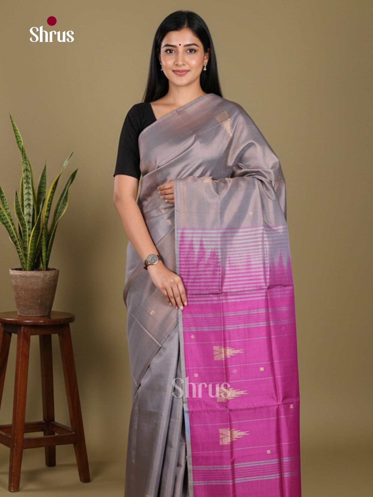 Grey & Purple - Banana Pith without blouse Saree - Shop on Shrus.com