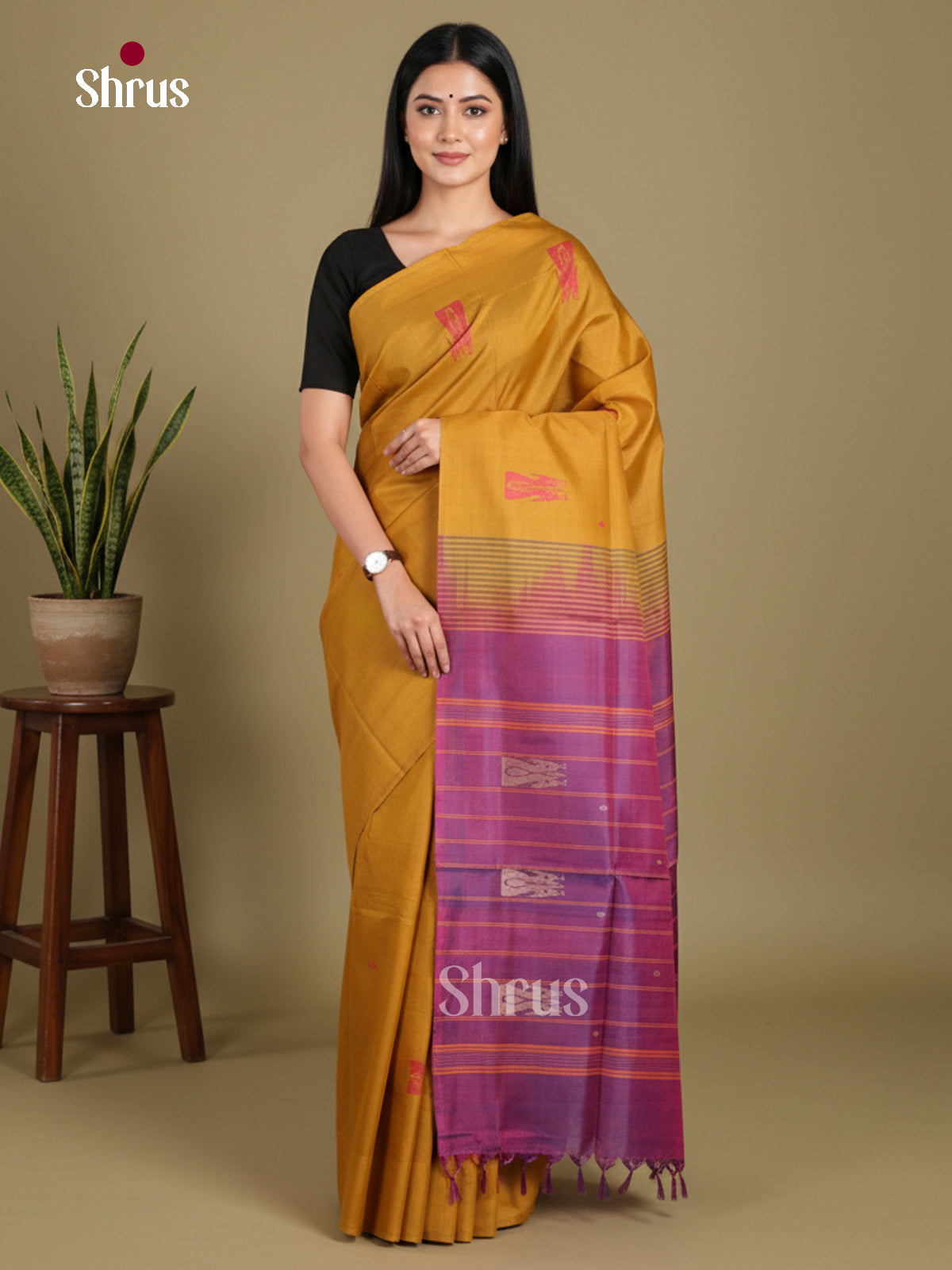 Mustard & Purple - Banana Pith without blouse Saree