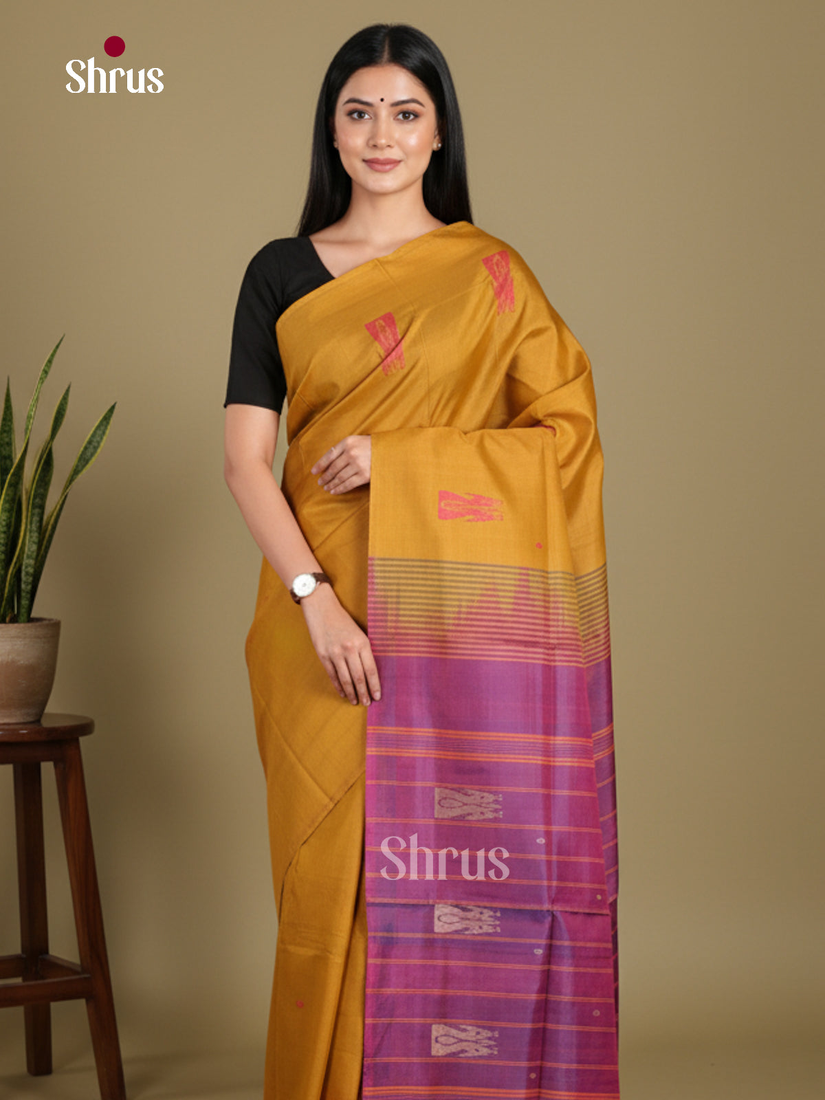 Mustard & Purple - Banana Pith without blouse Saree