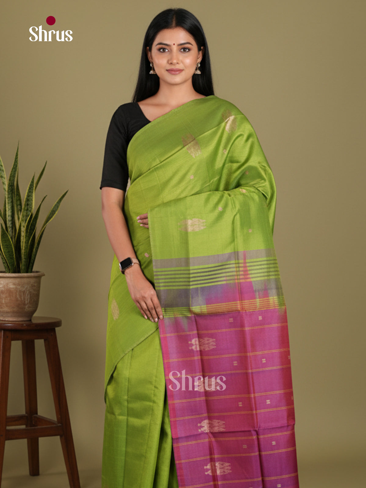 Green & Purple - Banana Pith without blouse Saree
