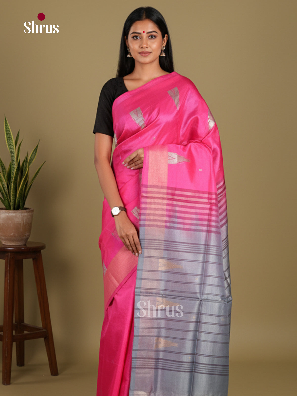 Pink & Grey - Banana Pith without blouse Saree