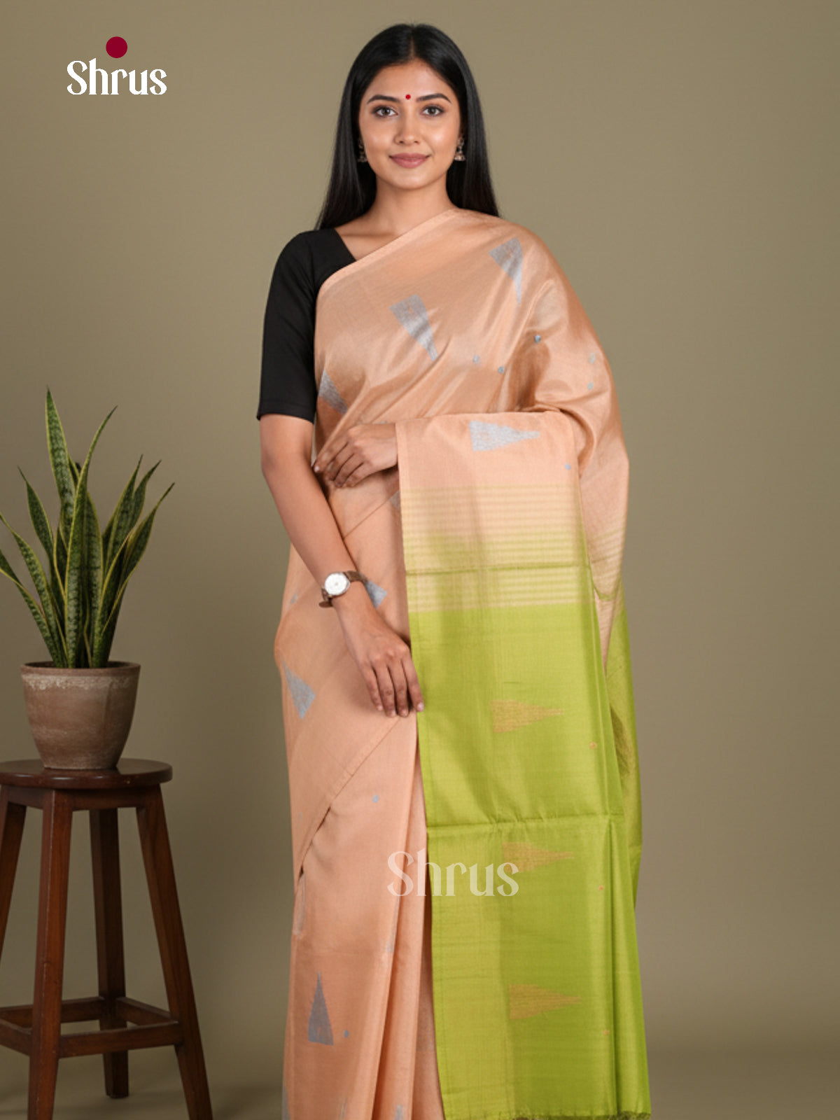 Peach & Light Green - Banana Pith without blouse Saree