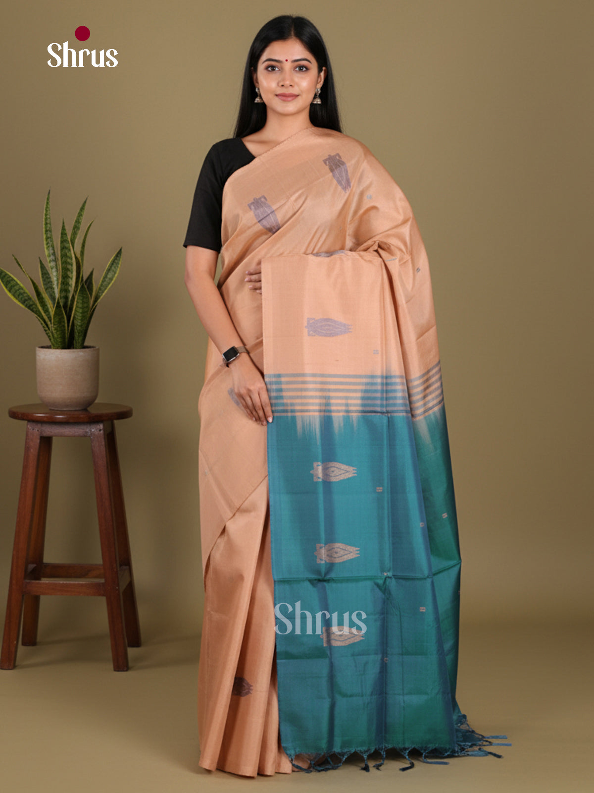 Peach & Blue - Banana Pith without blouse Saree