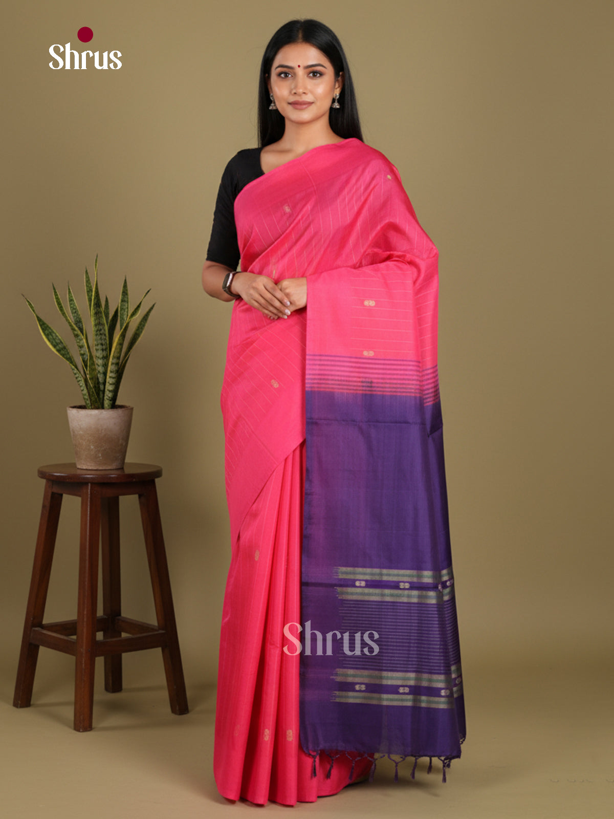 Pink & Blue - Banana Pith without blouse Saree - Shop on Shrus.com
