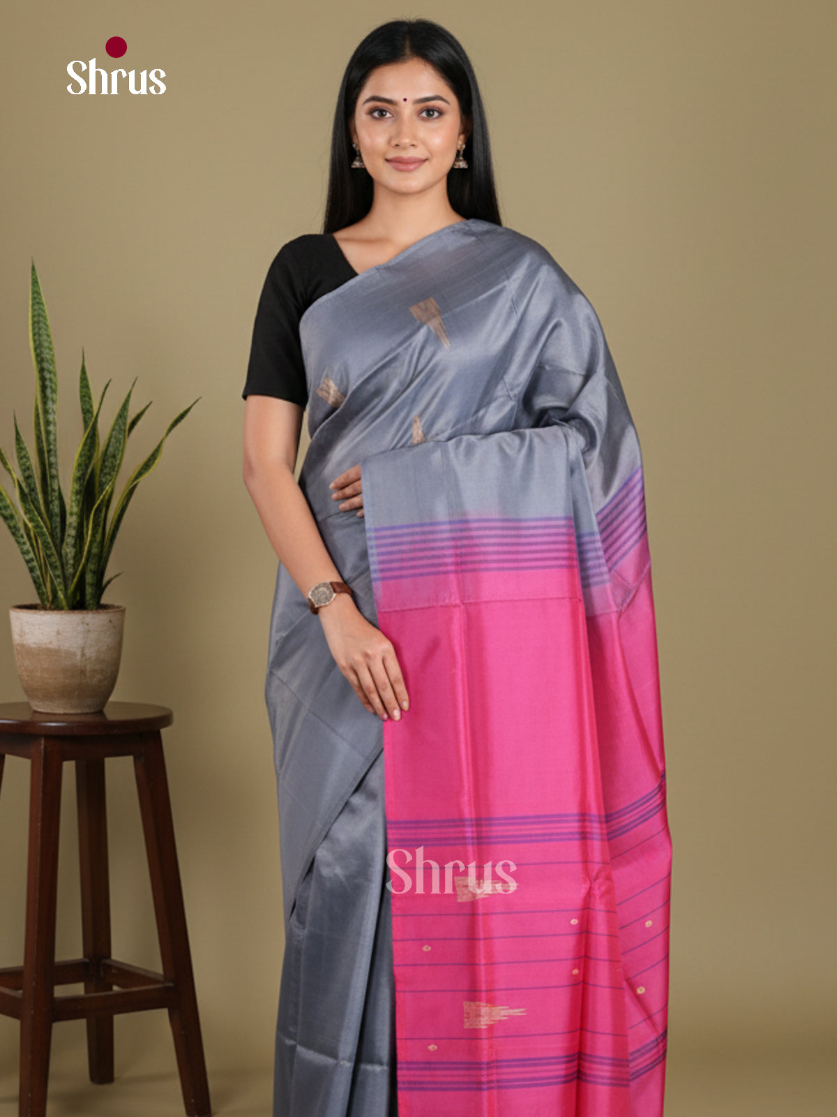Grey & Pink - Banana Pith without blouse Saree