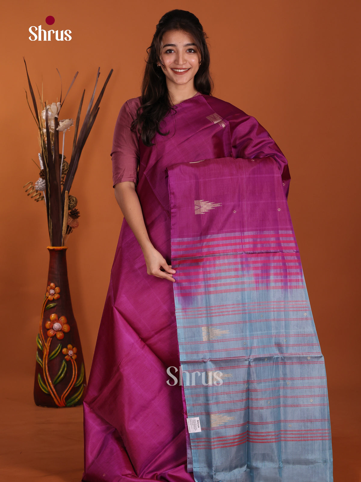Purple & Blue- Banana Pith without blouse Saree - Shop on Shrus.com