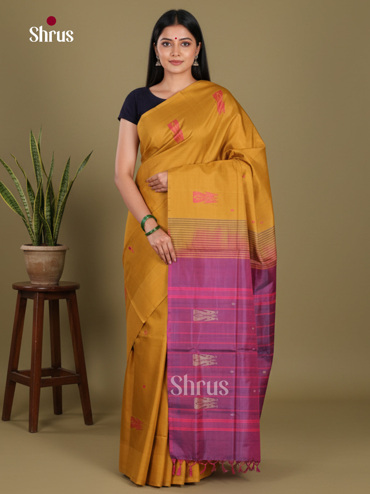 Mustard & Purple- Banana Pith without blouse Saree - Shop on Shrus.com