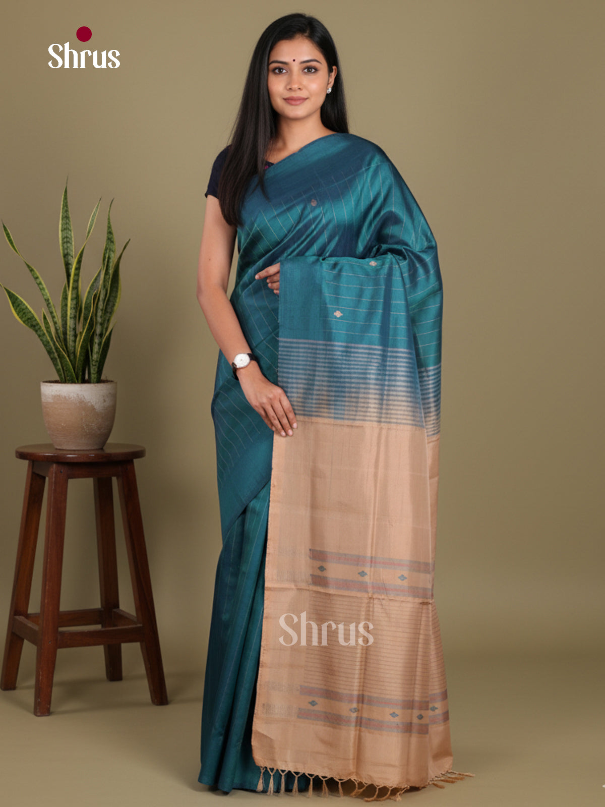 Blue & Beige - Banana Pith without blouse Saree - Shop on Shrus.com