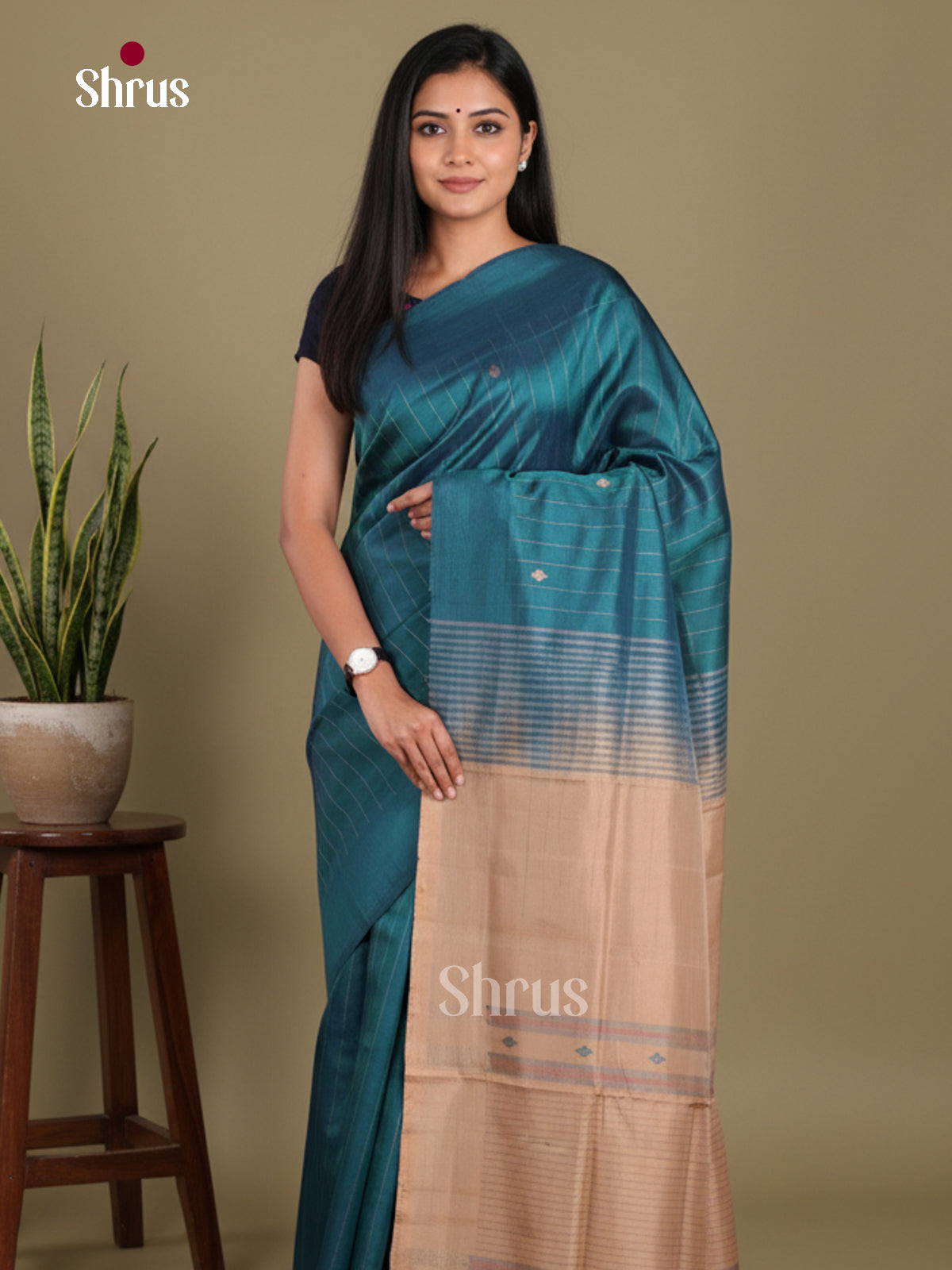 Blue & Beige - Banana Pith without blouse Saree - Shop on Shrus.com