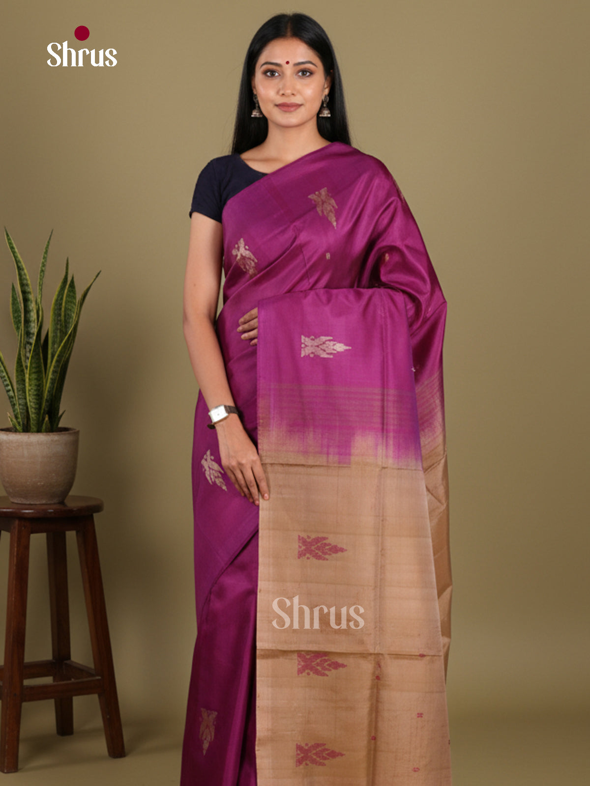 Purple & Brown - Banana Pith without blouse Saree