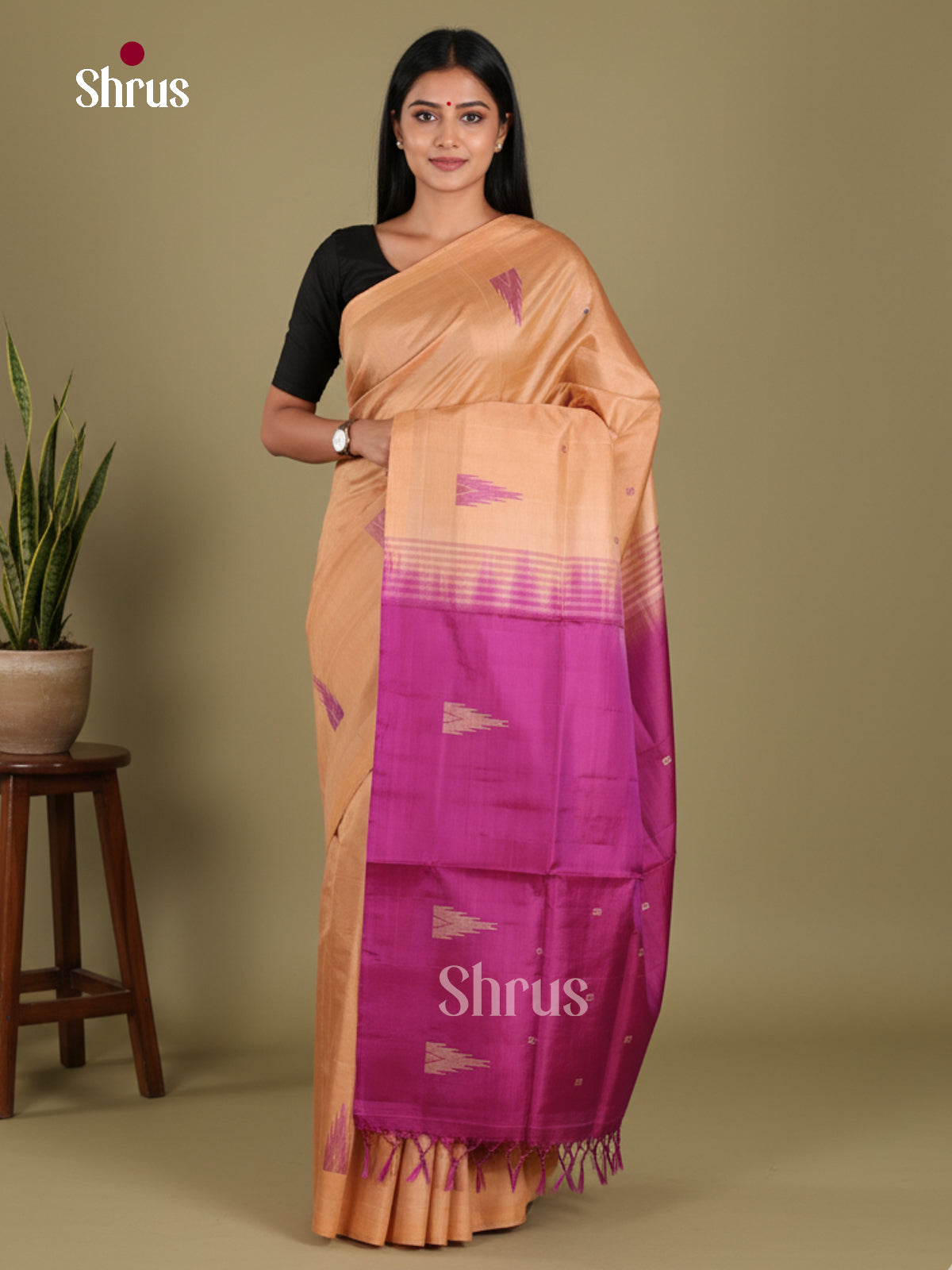 Peach & Purple - Banana Pith without blouse Saree