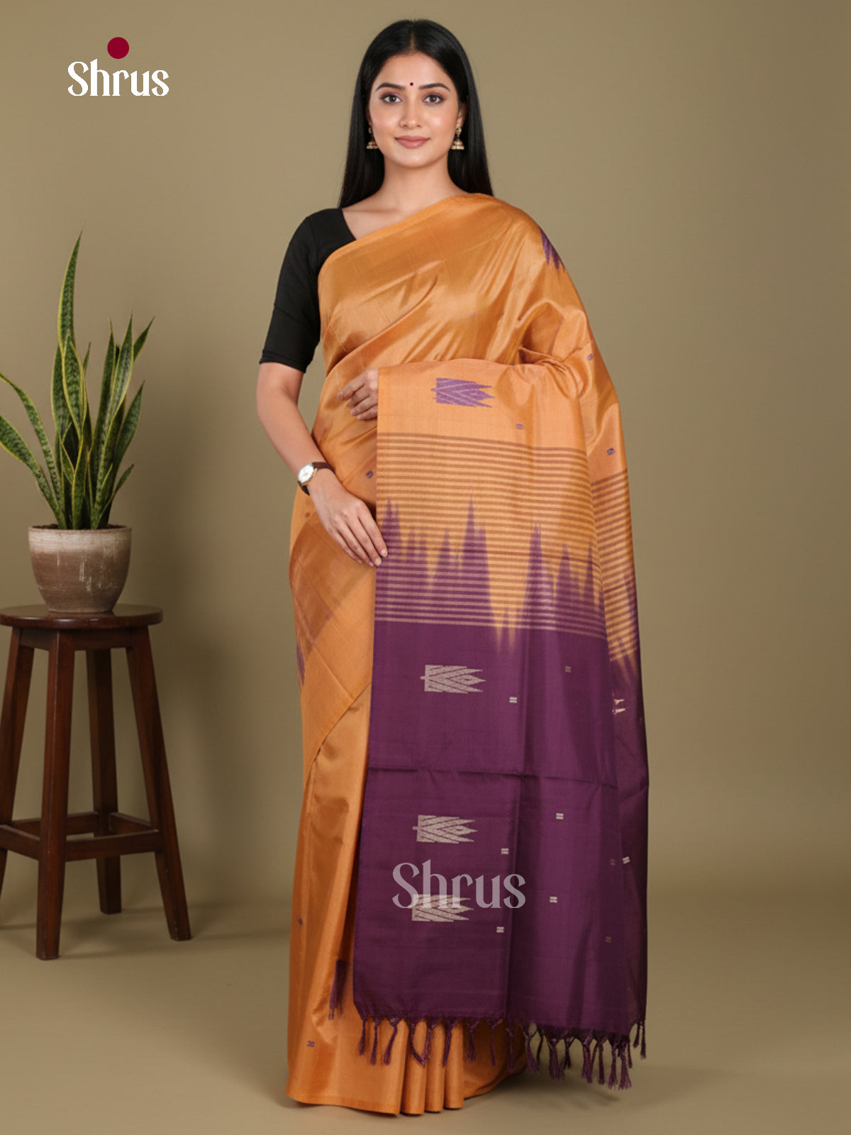 Dark Mustard & Purple- Banana Pith without blouse Saree