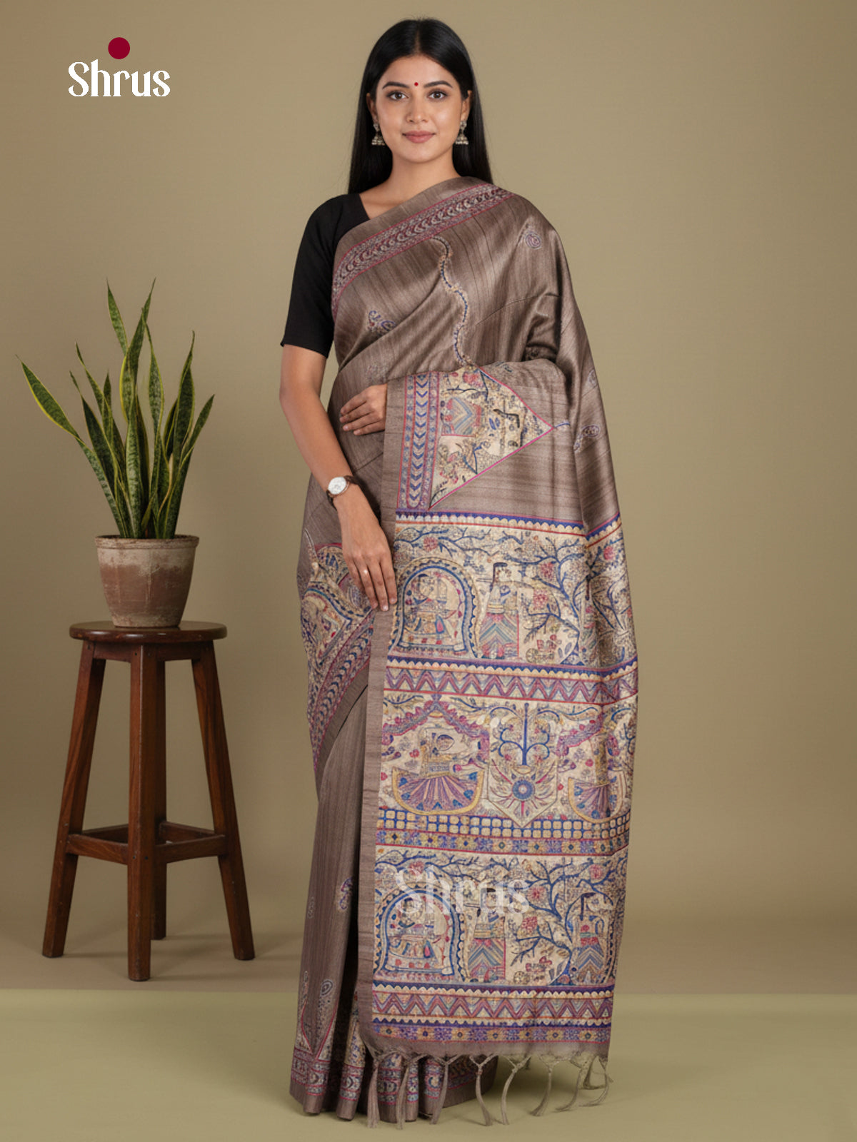 Grey & Cream - Printed Madhubani Saree