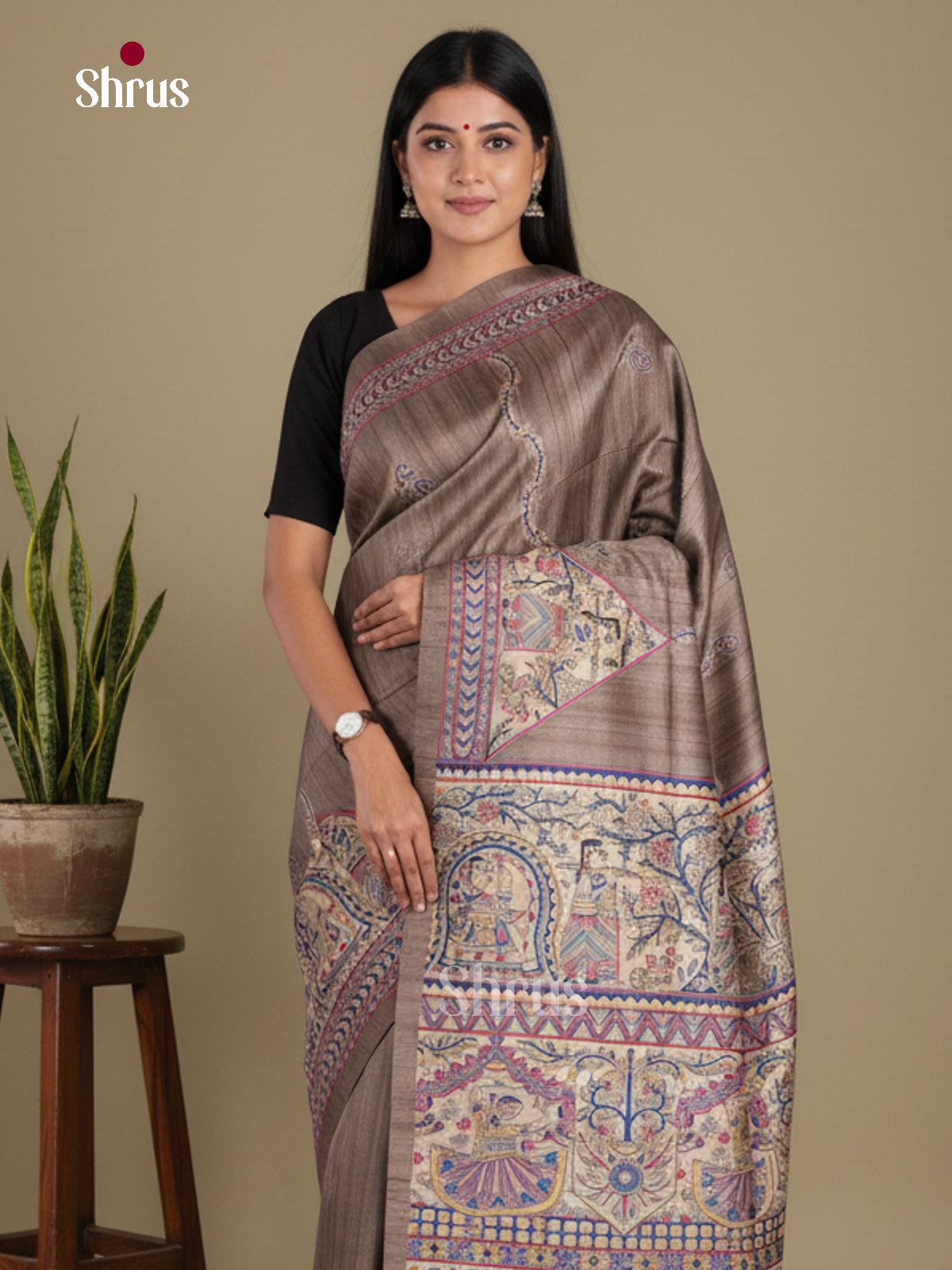 Grey & Cream - Printed Madhubani Saree