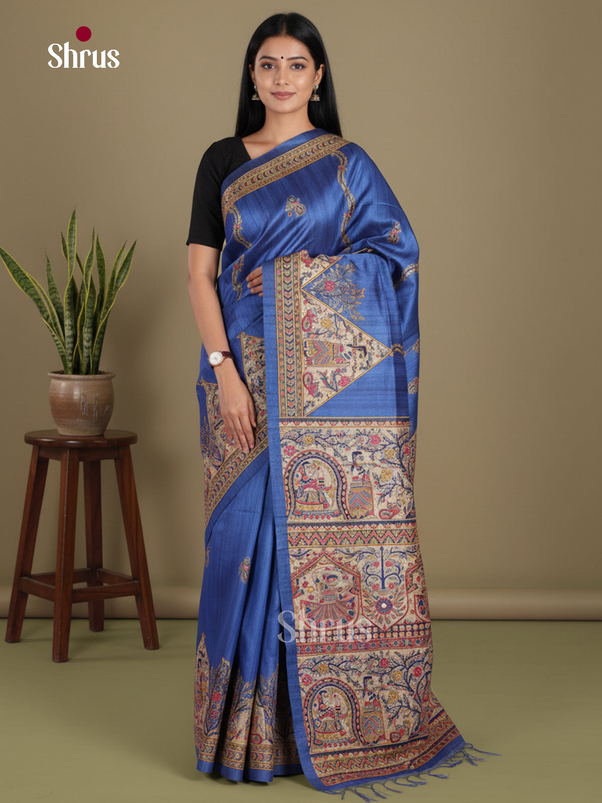 Blue & Cream- Printed Madhubani Saree