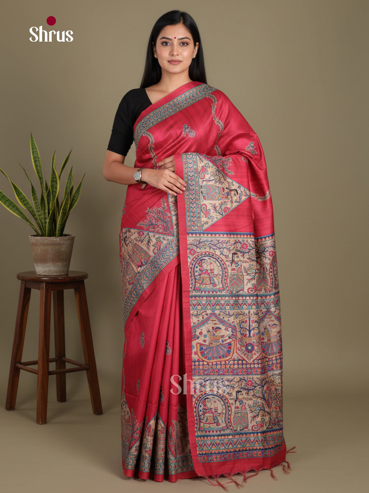 Red & Cream - Printed Madhubani Saree