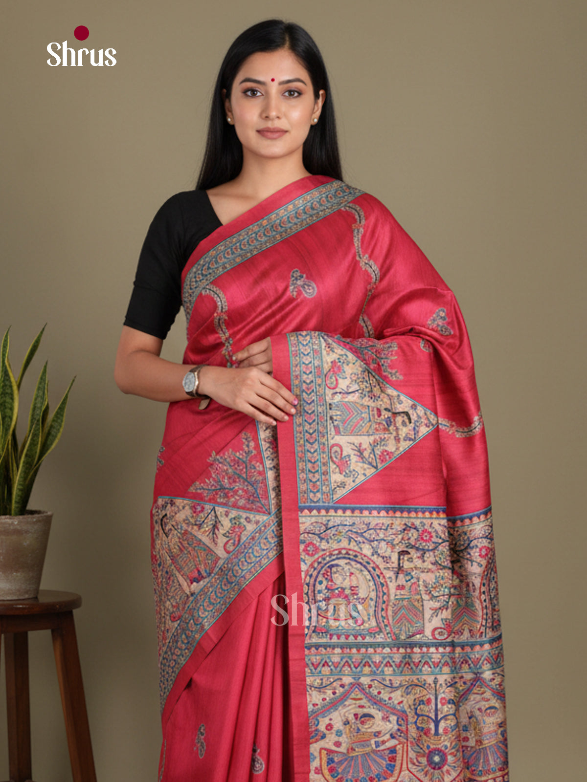 Red & Cream - Printed Madhubani Saree