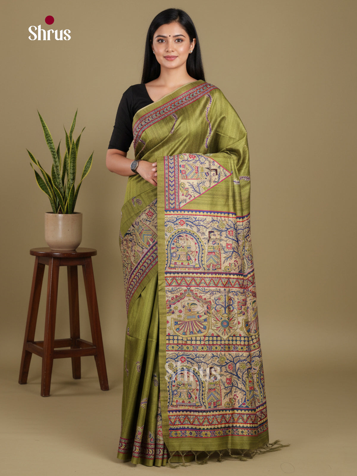 Green & Cream - Printed Madhubani Saree