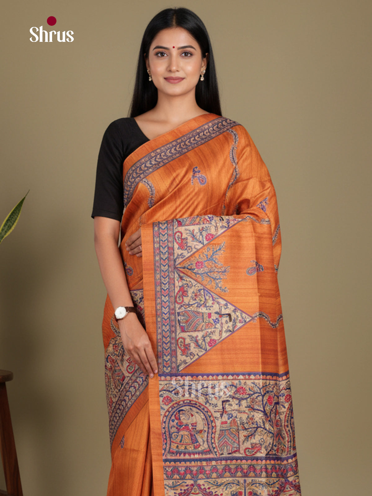 Brick & Cream - Printed Madhubani Saree