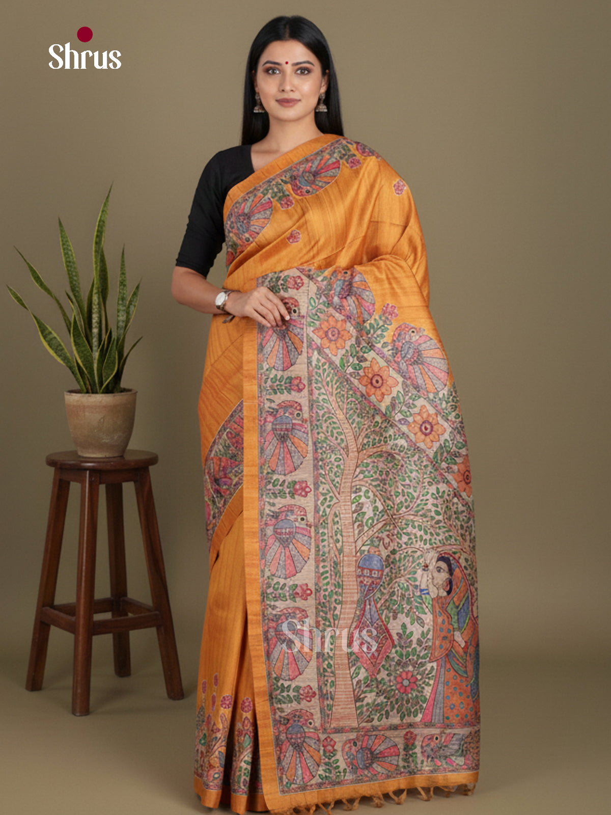 Mustard & Cream- Printed Madhubani Saree