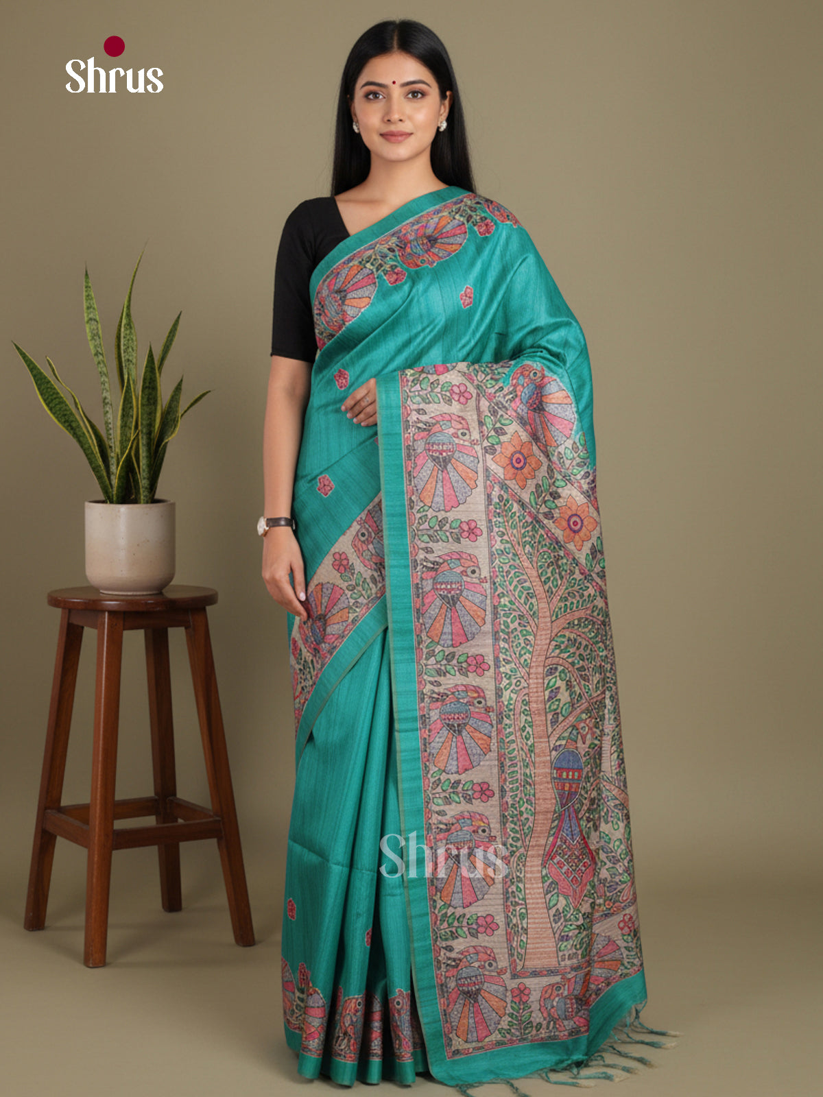 Green & Cream - Printed Madhubani Saree