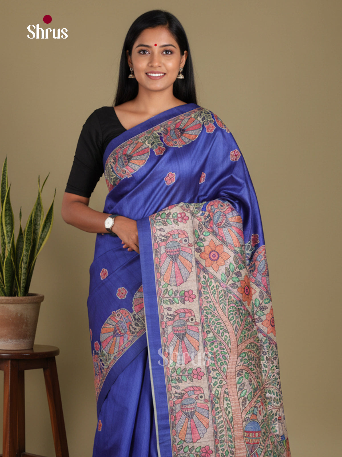 Blue & Cream - Printed Madhubani Saree