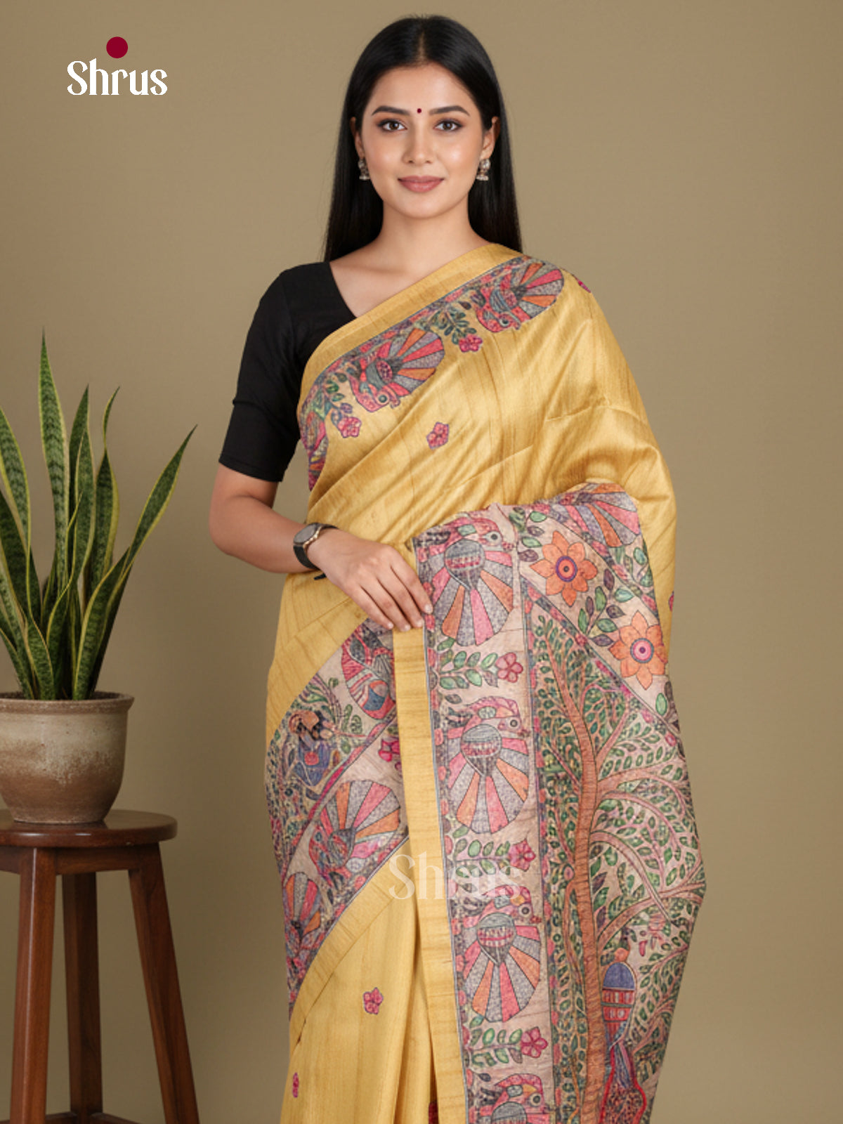 Yellow & Cream - Printed Madhubani Saree